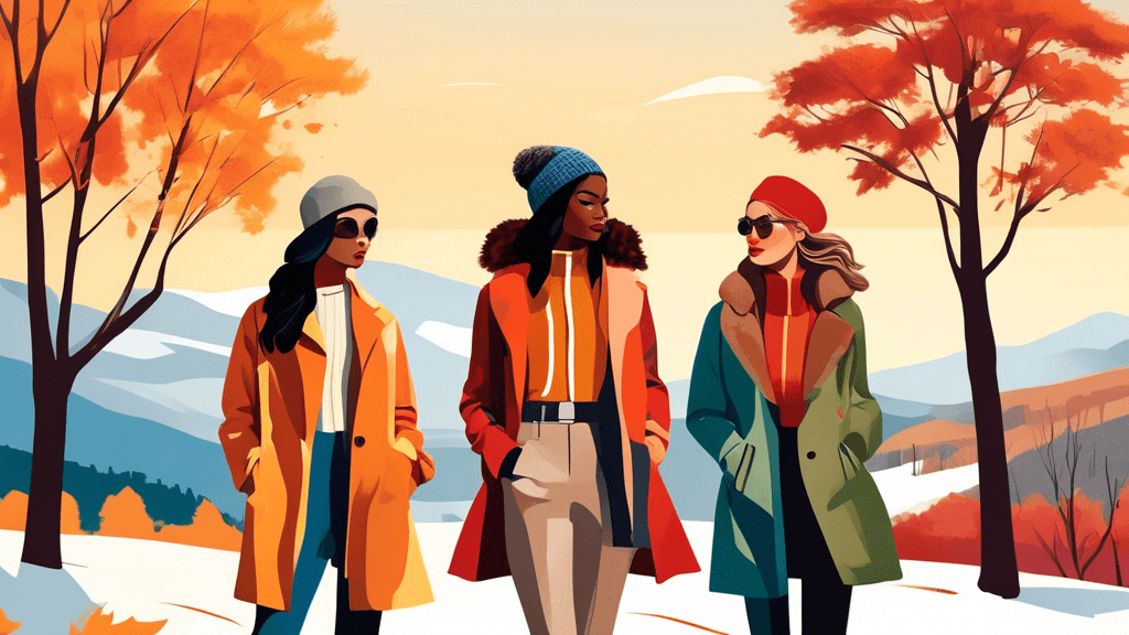 An artistic illustration depicting four diverse models, each dressed in stylish, seasonal outdoor attire corresponding to winter, spring, summer, and autumn, against a backdrop of scenic landscapes ch