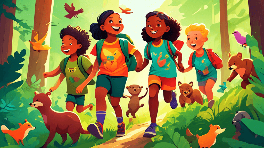 Vibrant digital illustration of a group of diverse children wearing colorful t-shirts with various animal illustrations, such as bears, birds, and foxes, hiking joyfully through a lush, green forest t