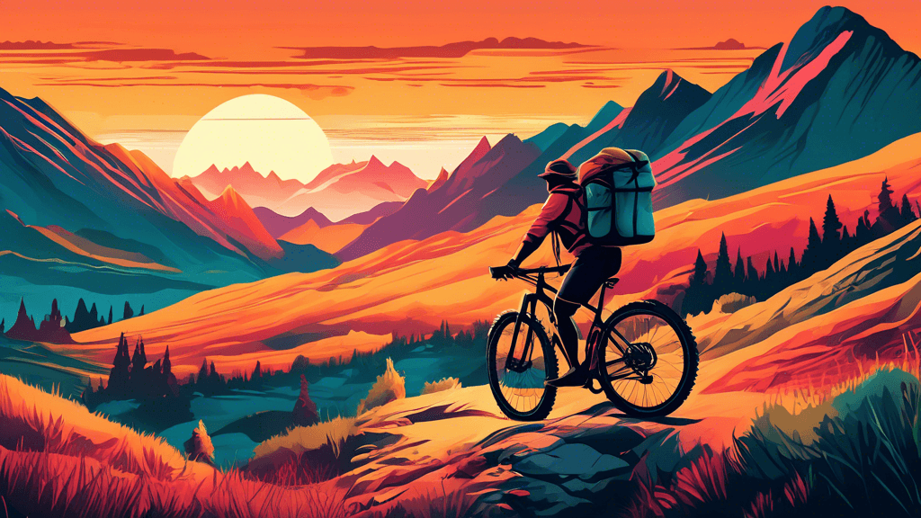 An adventurous person bikepacking through a breathtaking mountain landscape, with a fully loaded bicycle carrying camping gear, at sunset.