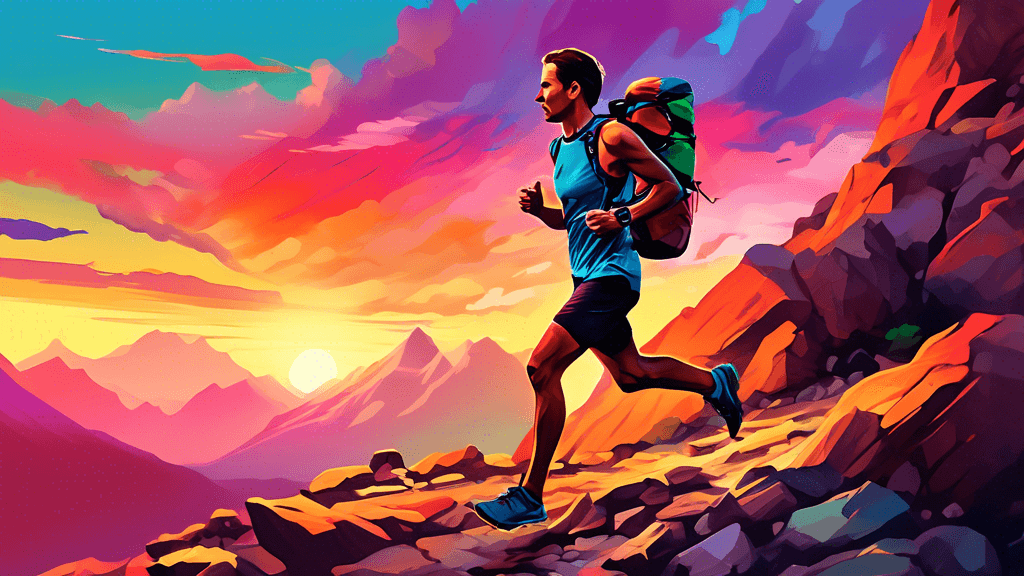 A digital painting of a runner equipped with trail running essentials, including hydration pack, trail shoes, and GPS watch, navigating a rocky mountain path during sunset, with a vibrant, colorful sk
