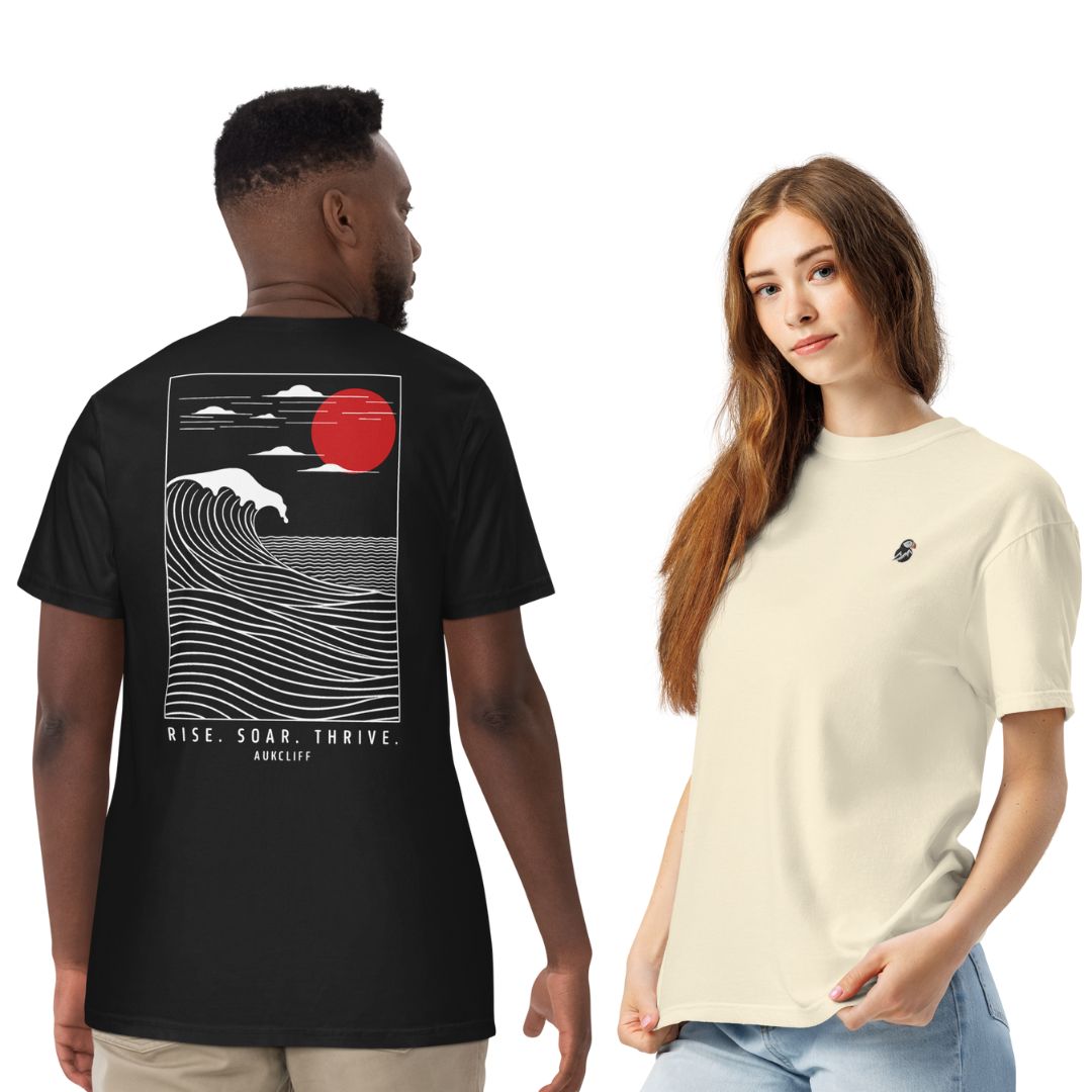 AukCliff Premium Trail Tees, Designed for Comfort. Built for the Wild. Heavyweight Comfort Colors, organic cotton, and embroidered details — crafted to last, wherever the trail leads.