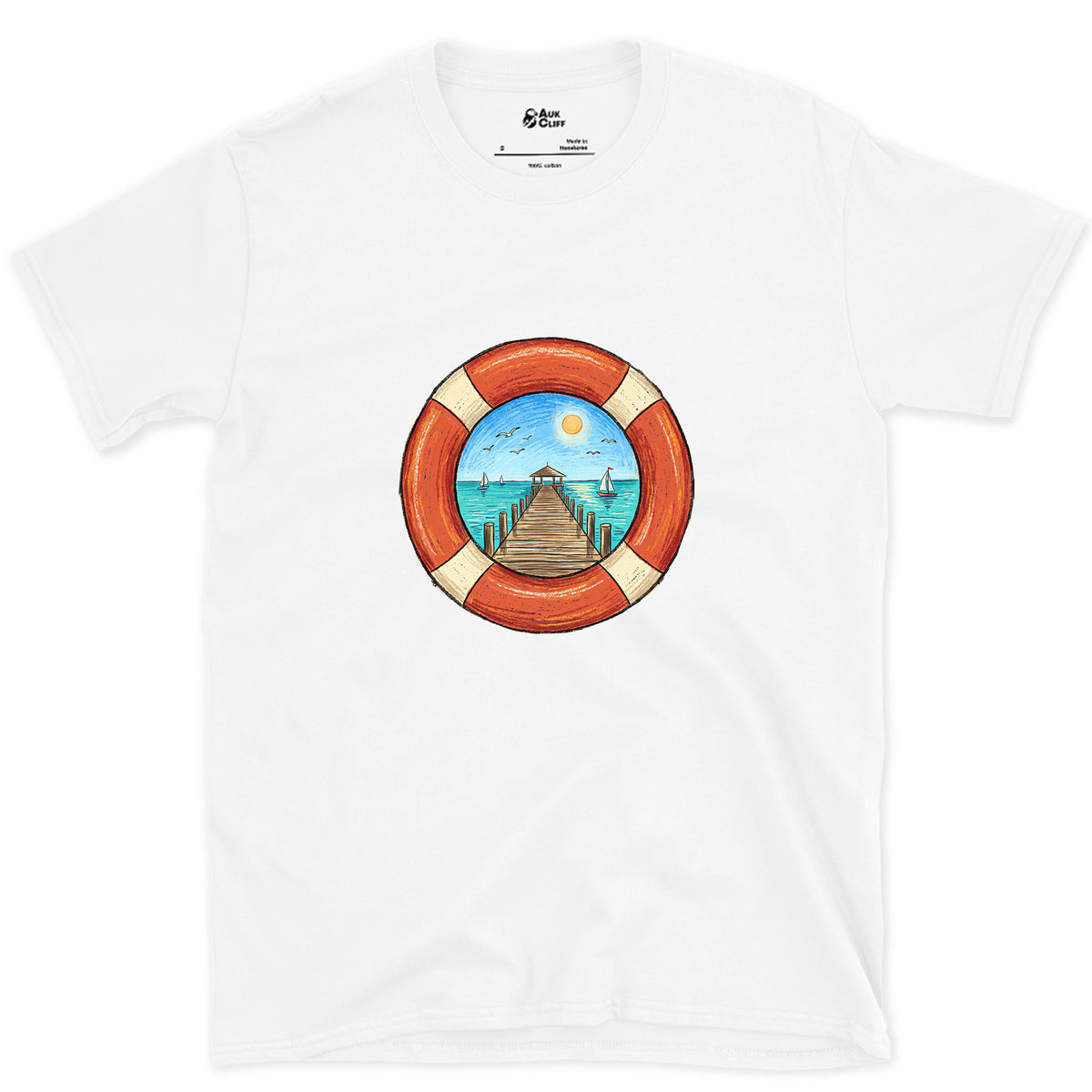 A Pier Through the Lifebuoy design on a White Gildan Softstyle t-shirt