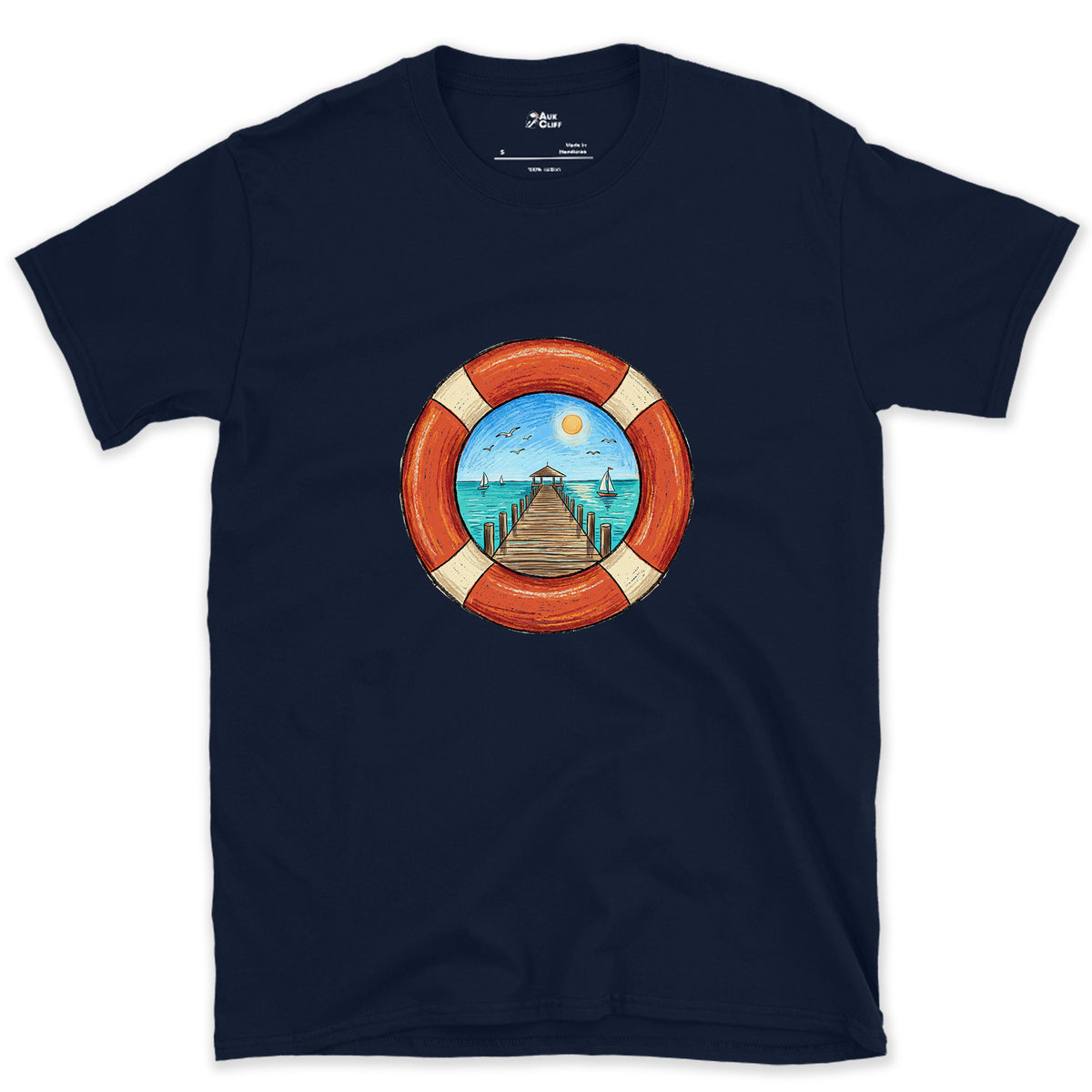 A Pier Through the Lifebuoy design on a Navy Gildan Softstyle t-shirt