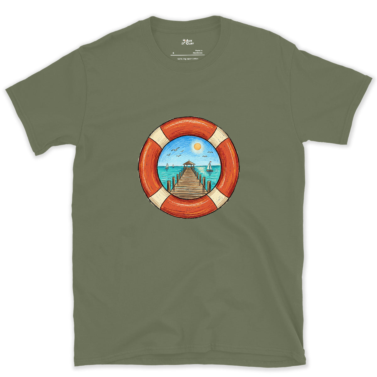 A Pier Through the Lifebuoy design on a Military Green Gildan Softstyle t-shirt