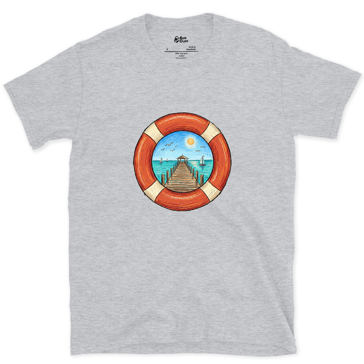A Pier Through the Lifebuoy design on a Sport Grey Gildan Softstyle t-shirt