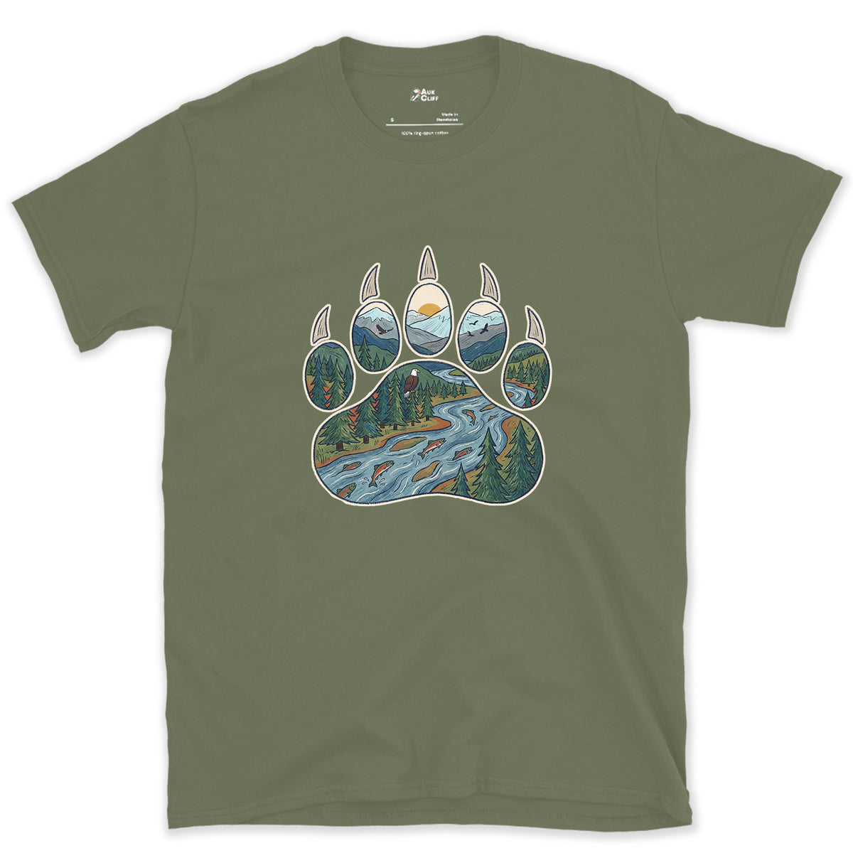 A Salmon River in the Paw Print design on a Military Green Gildan Softstyle t-shirt