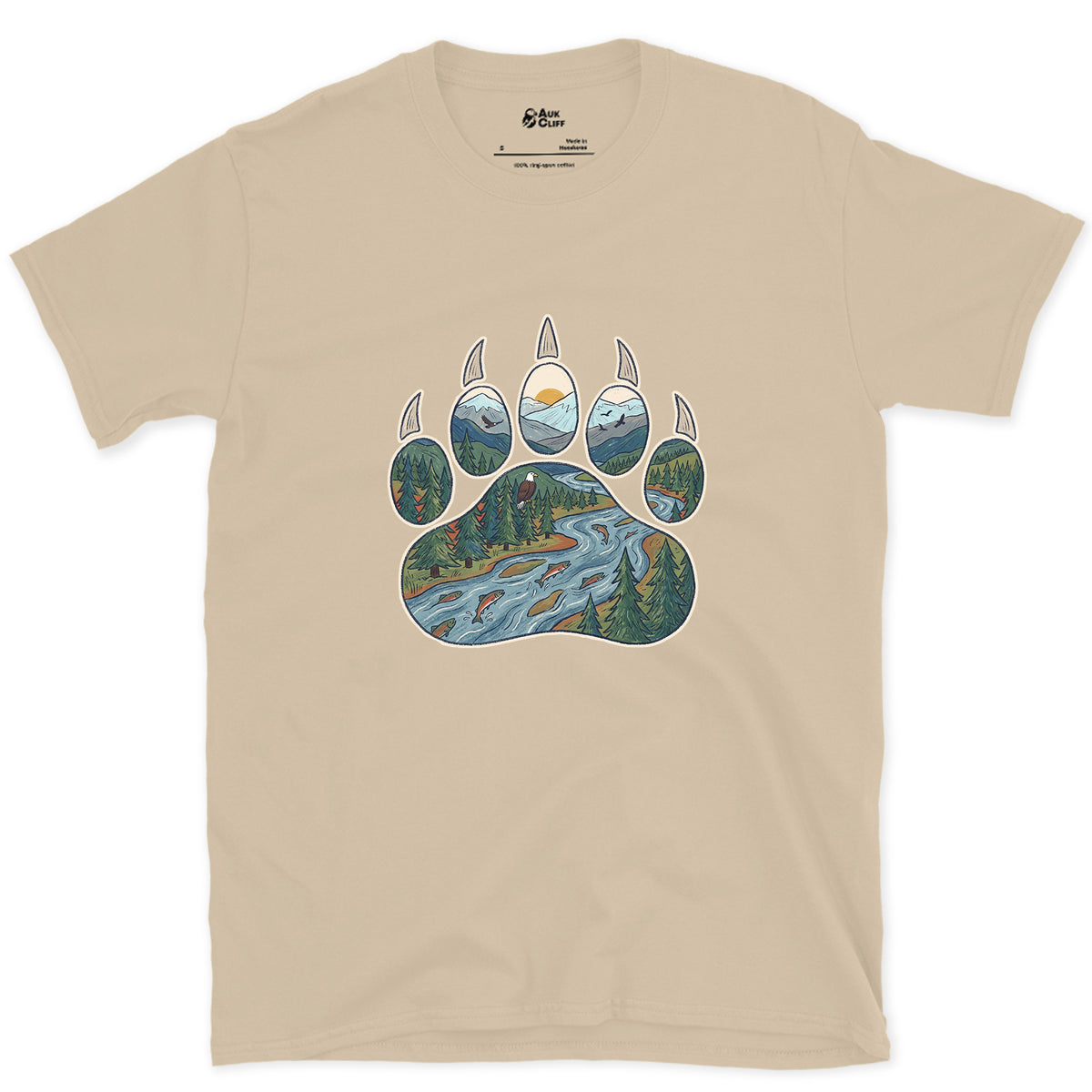 A Salmon River in the Paw Print design on a Sand Gildan Softstyle t-shirt