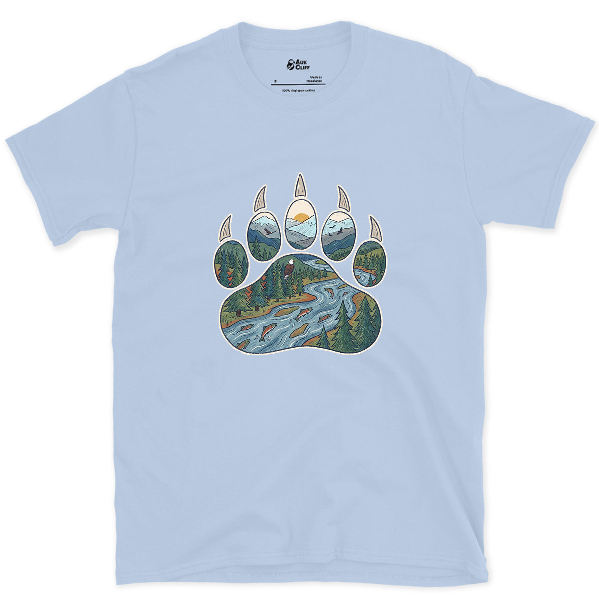 A Salmon River in the Paw Print design on a Light Blue Gildan Softstyle t-shirt
