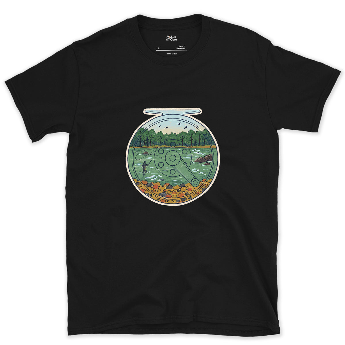 A Summer River on the Reel design on a Black Gildan Softstyle t-shirt