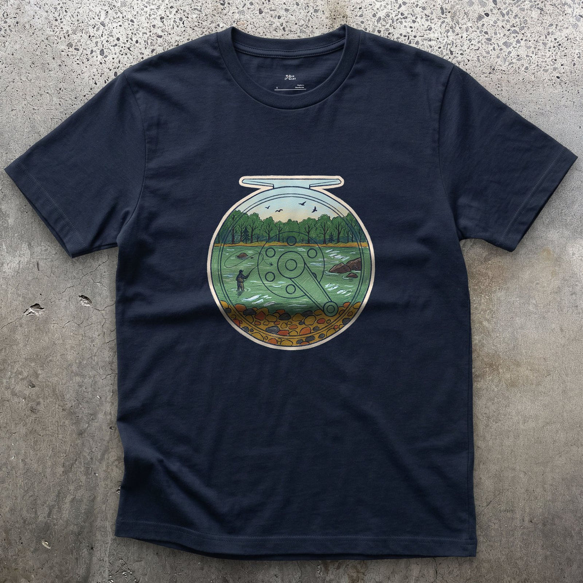 A Summer River on the Reel design on a Navy Gildan Softstyle t-shirt