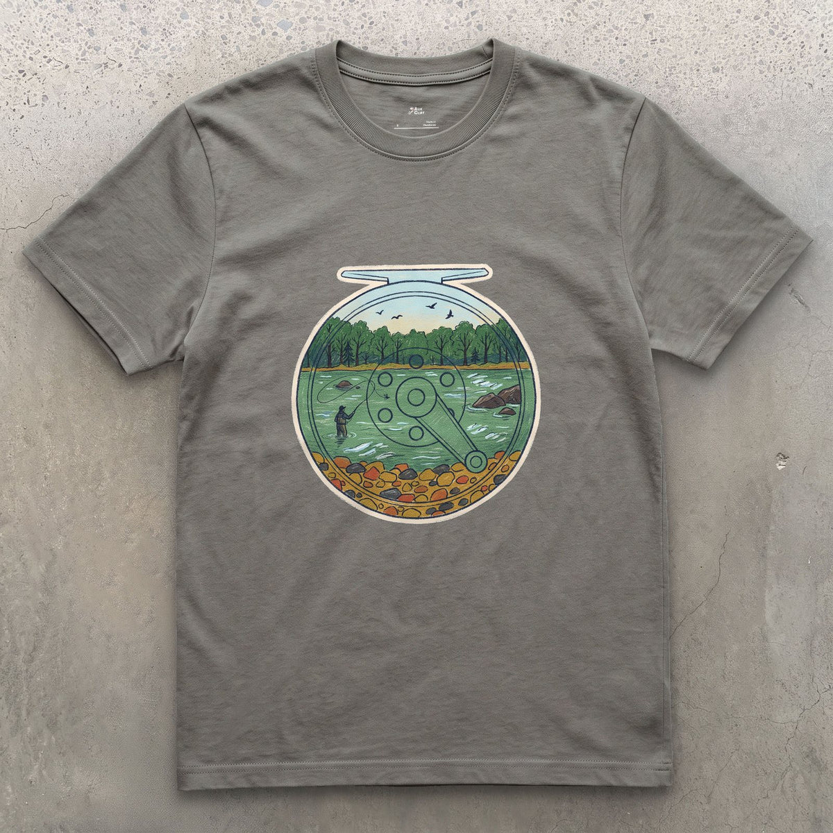 A Summer River on the Reel design on a Charcoal Gildan Softstyle t-shirt