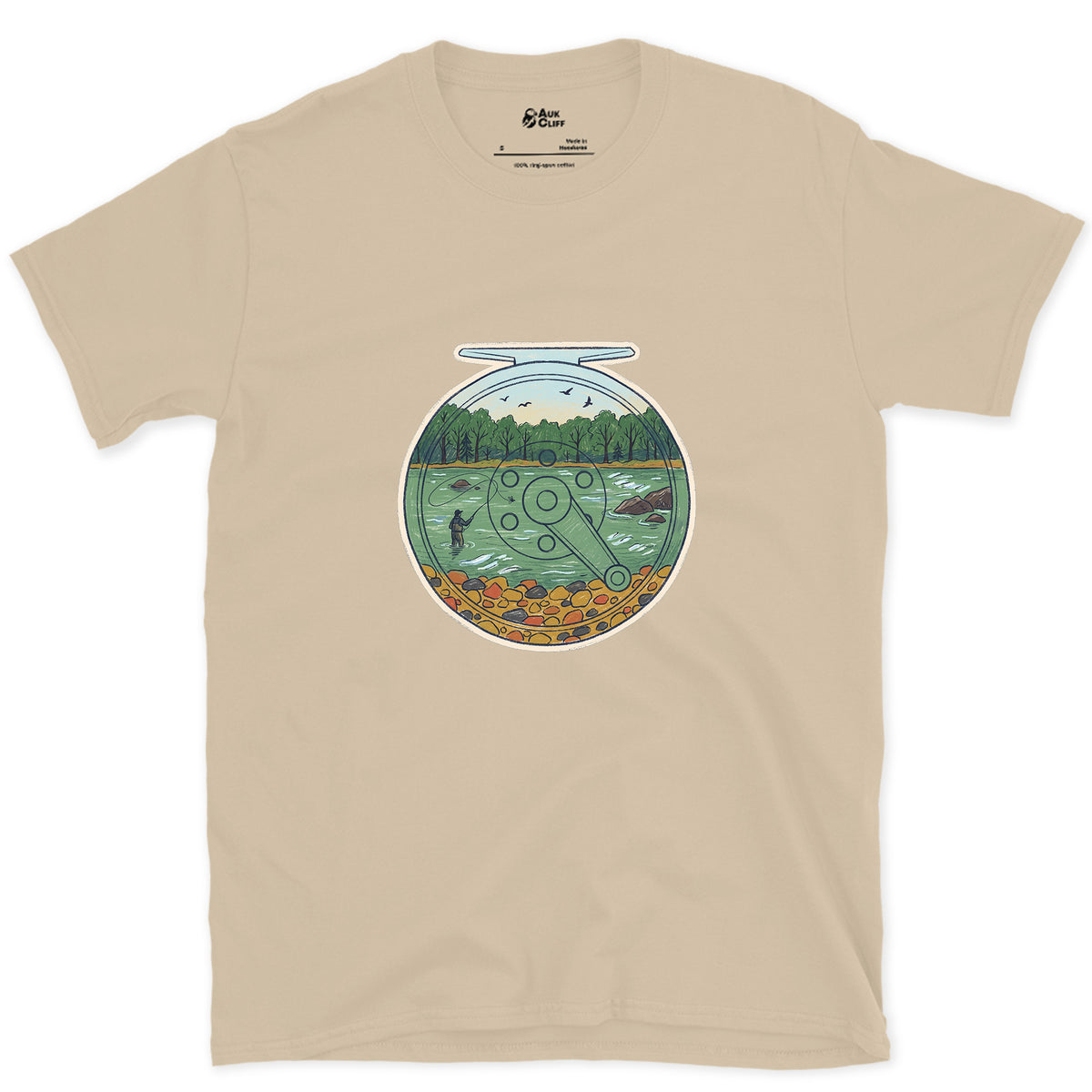 A Summer River on the Reel design on a Sand Gildan Softstyle t-shirt