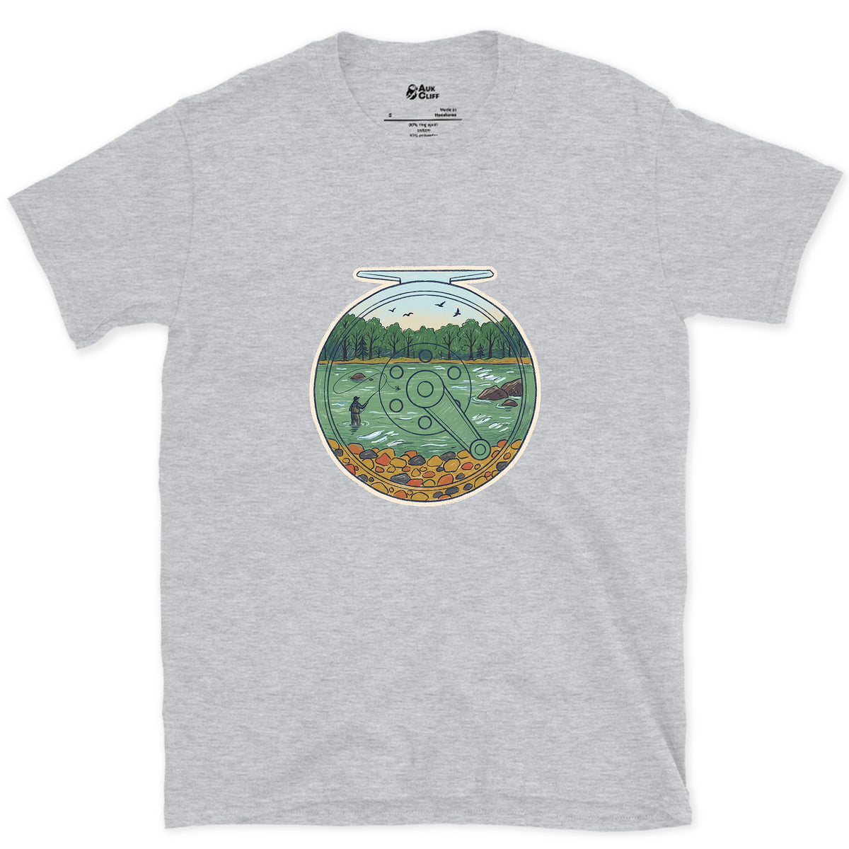 A Summer River on the Reel design on a Sport Grey Gildan Softstyle t-shirt