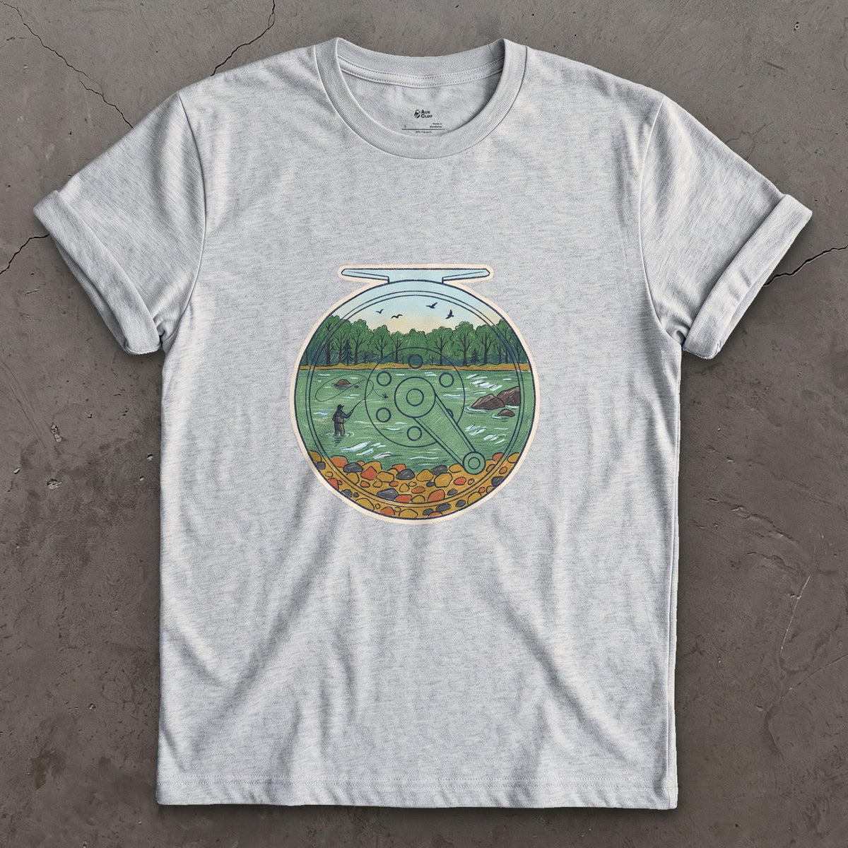 A Summer River on the Reel design on a Sport Grey Gildan Softstyle t-shirt