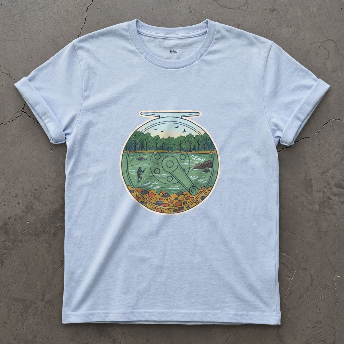 A Summer River on the Reel design on a Light Blue Gildan Softstyle t-shirt