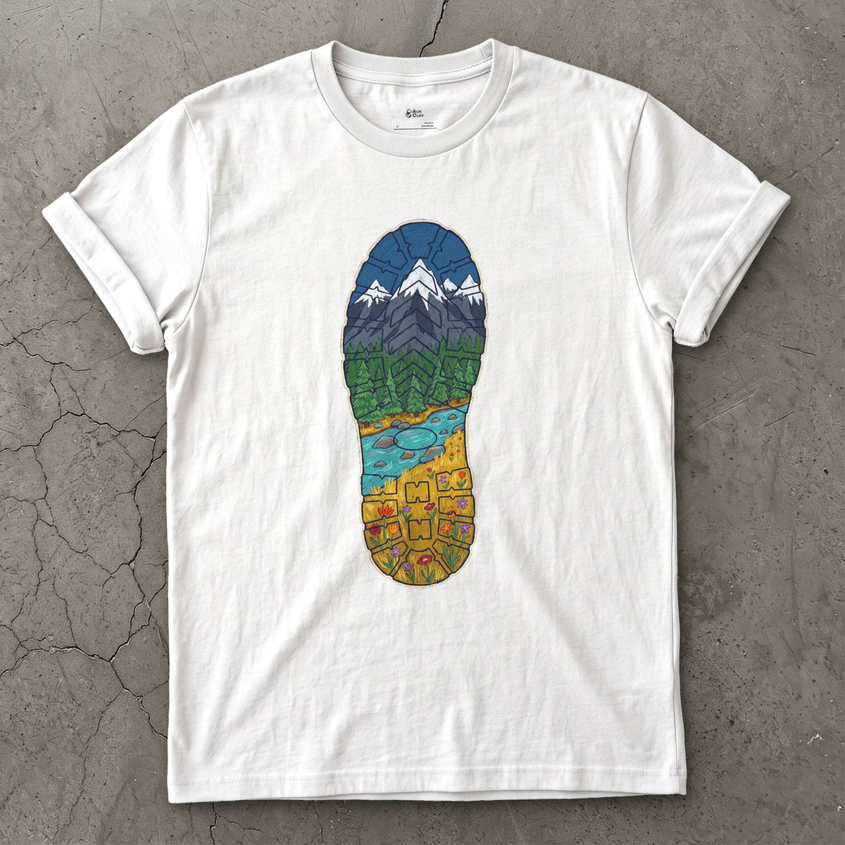 A Whole Valley in the Boot Tread design on a White Gildan Softstyle t-shirt