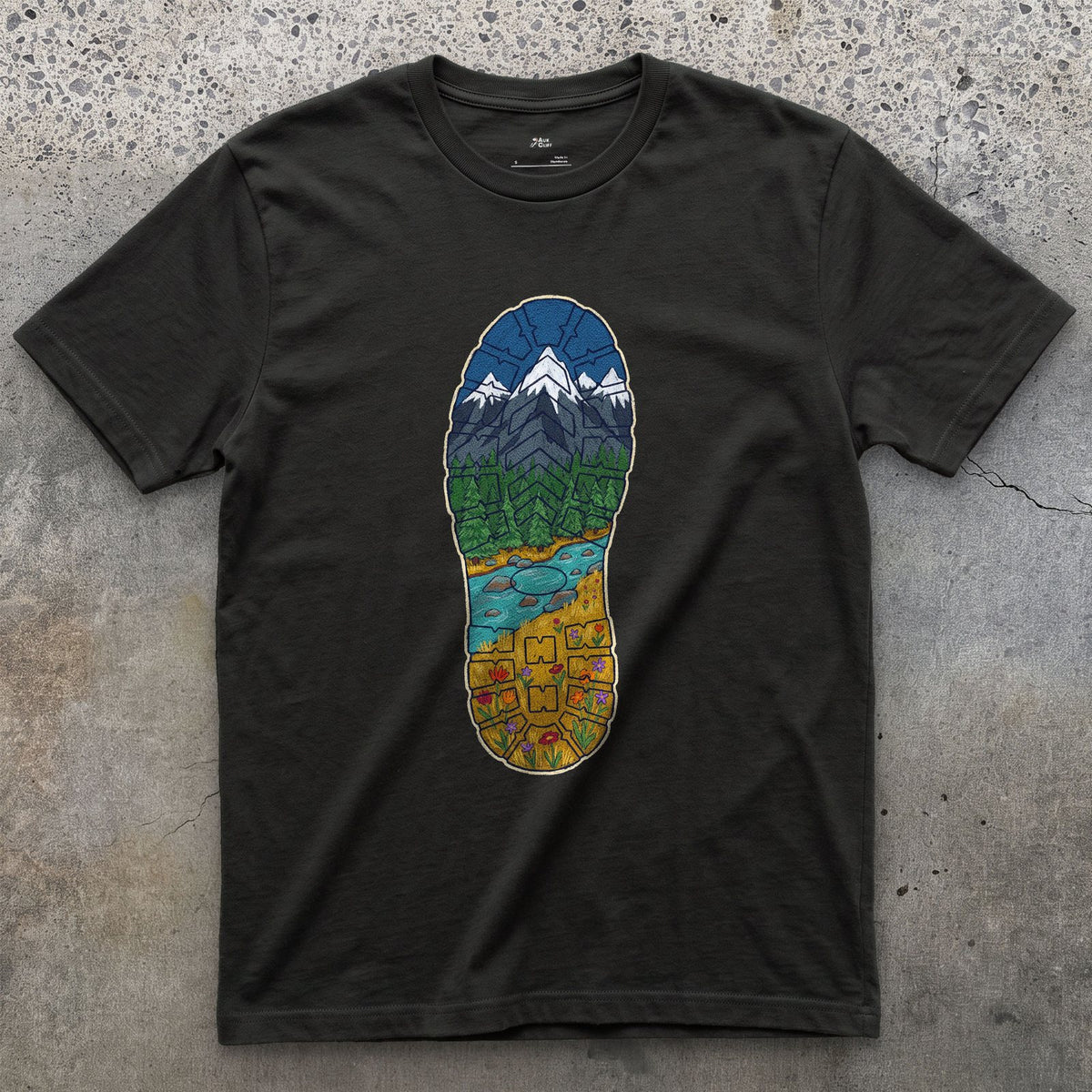A Whole Valley in the Boot Tread design on a Black Gildan Softstyle t-shirt