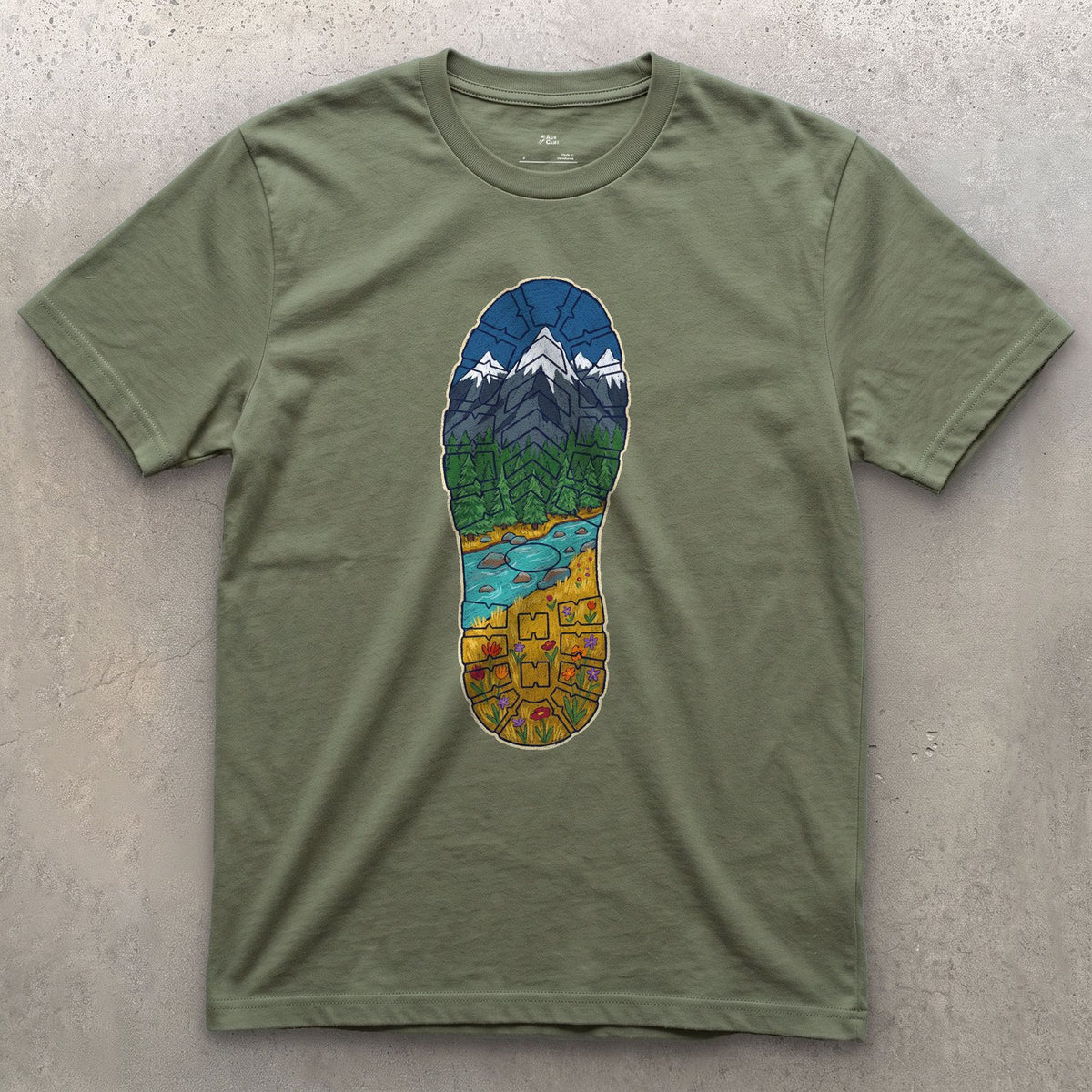 A Whole Valley in the Boot Tread design on a Military Green Gildan Softstyle t-shirt