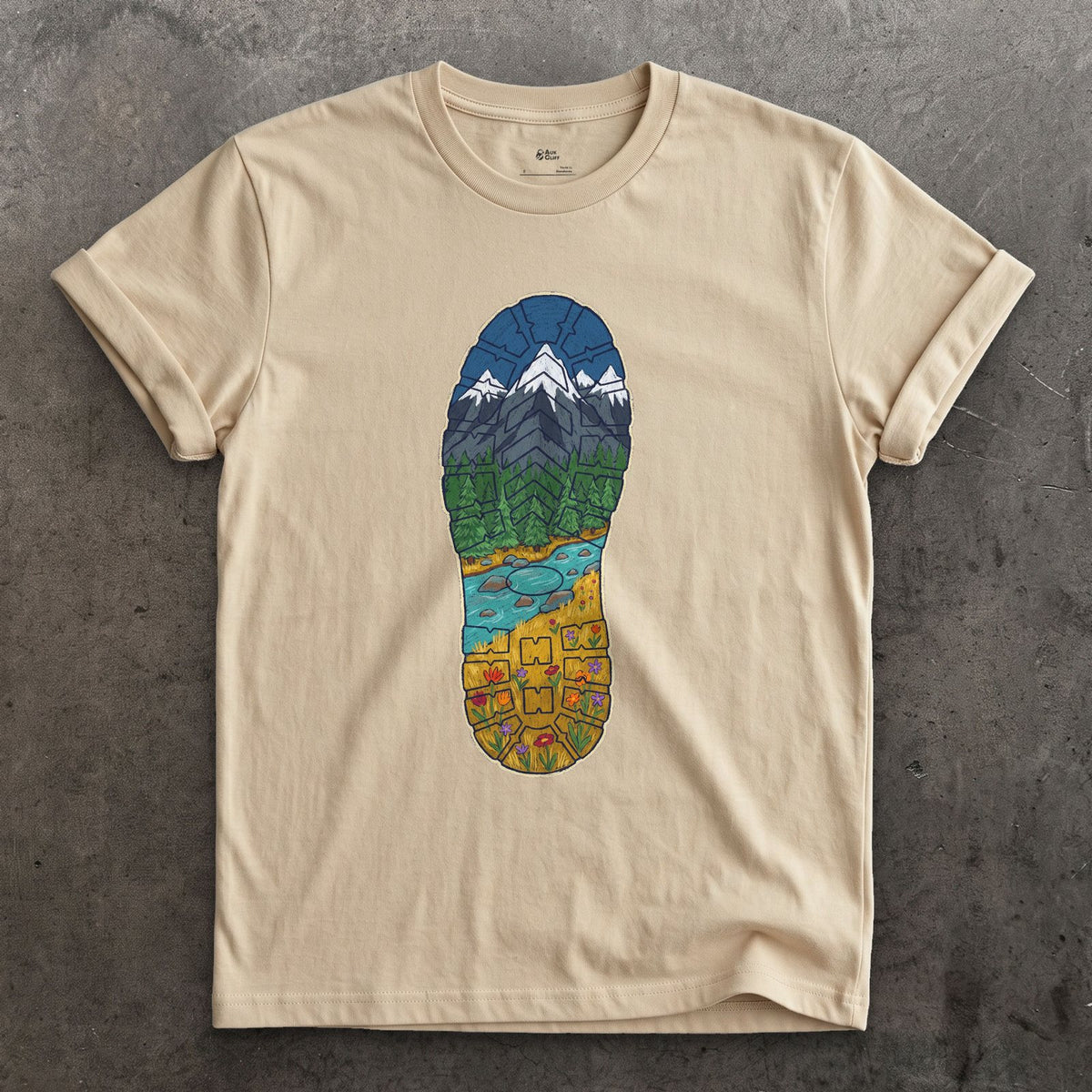 A Whole Valley in the Boot Tread design on a Sand Gildan Softstyle t-shirt