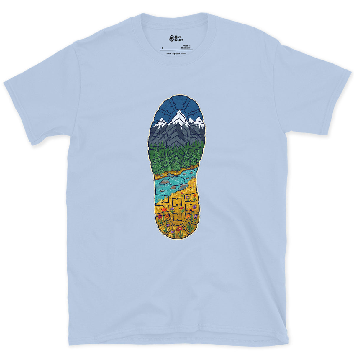 A Whole Valley in the Boot Tread design on a Light Blue Gildan Softstyle t-shirt