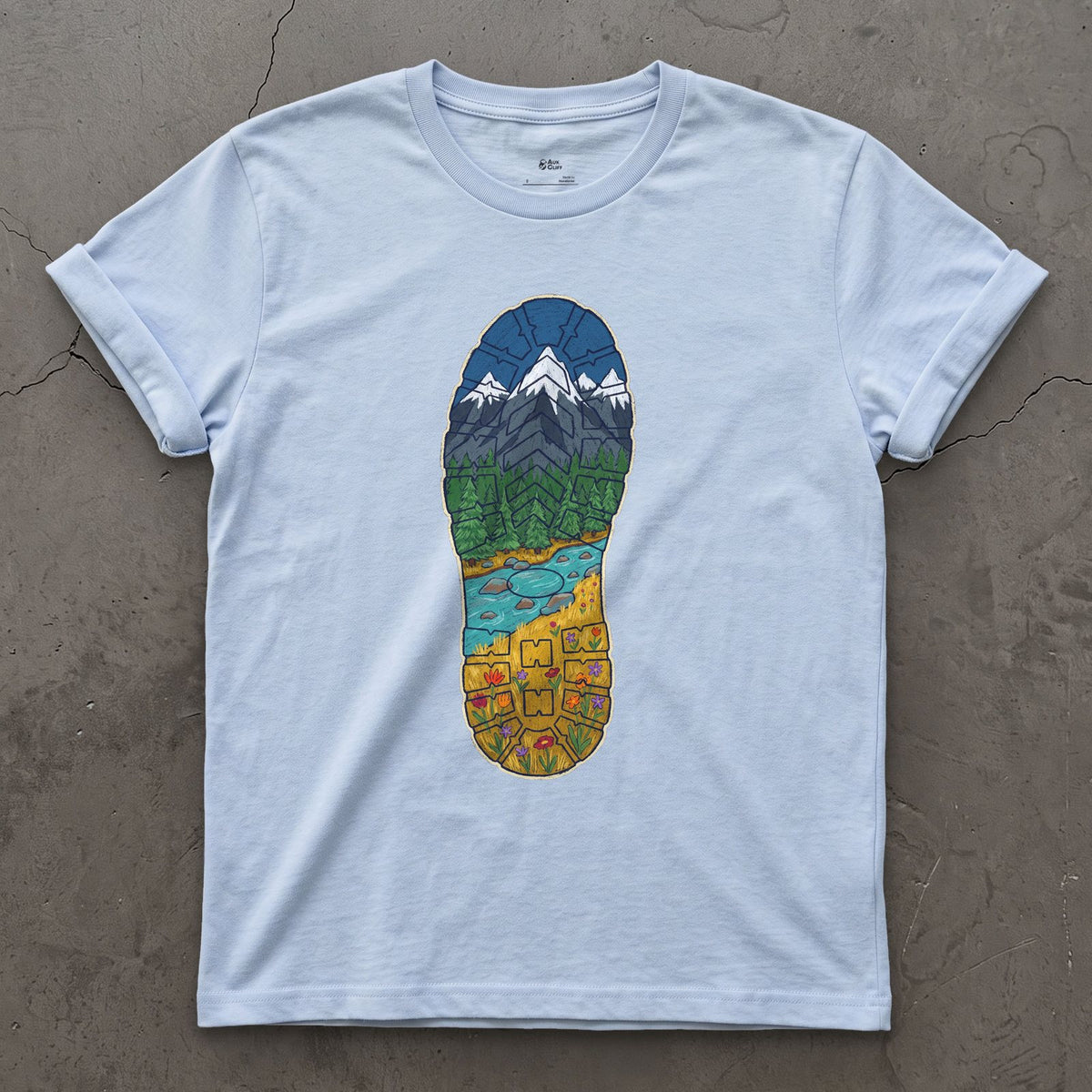A Whole Valley in the Boot Tread design on a Light Blue Gildan Softstyle t-shirt