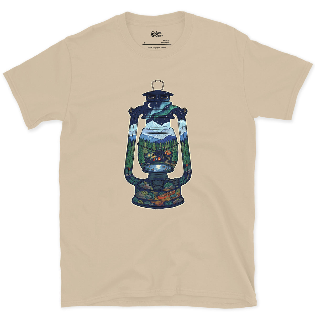 A Whole Camp in One Lantern design on a Sand Gildan Softstyle t-shirt