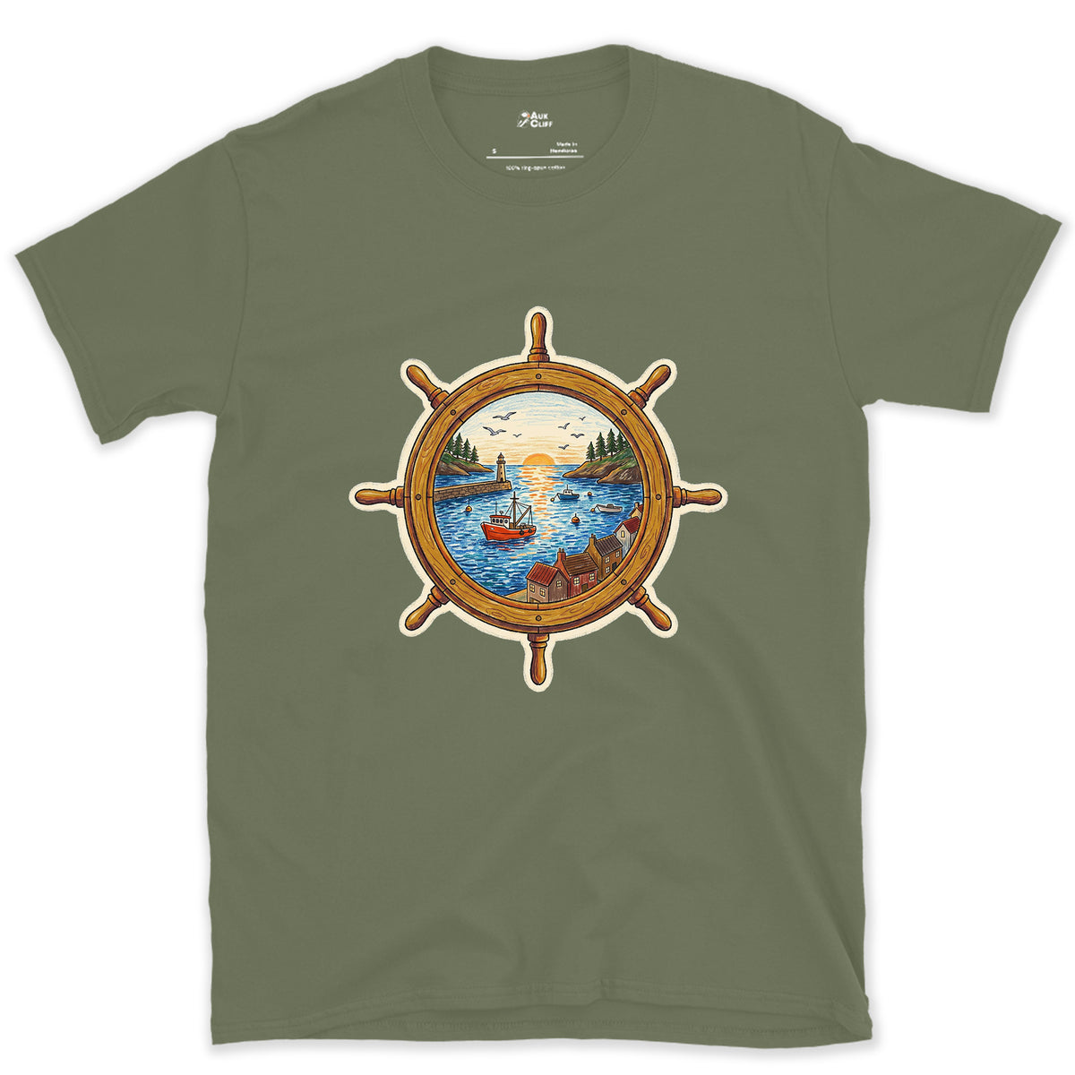A Working Harbour at the Helm design on a Military Green Gildan Softstyle t-shirt