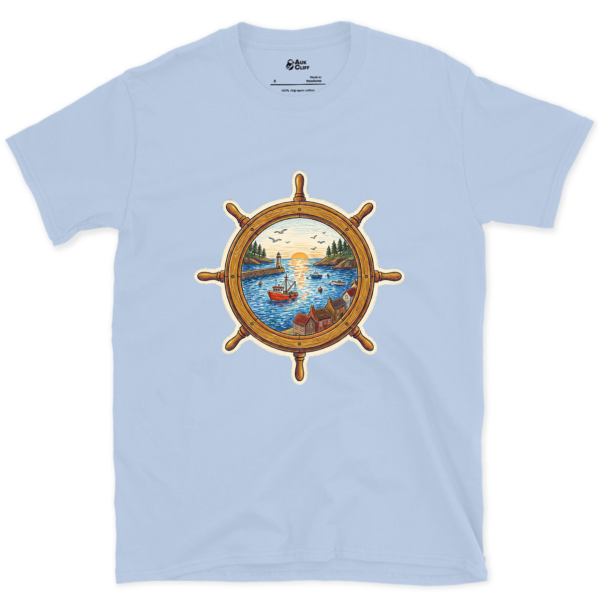 A Working Harbour at the Helm design on a Light Blue Gildan Softstyle t-shirt