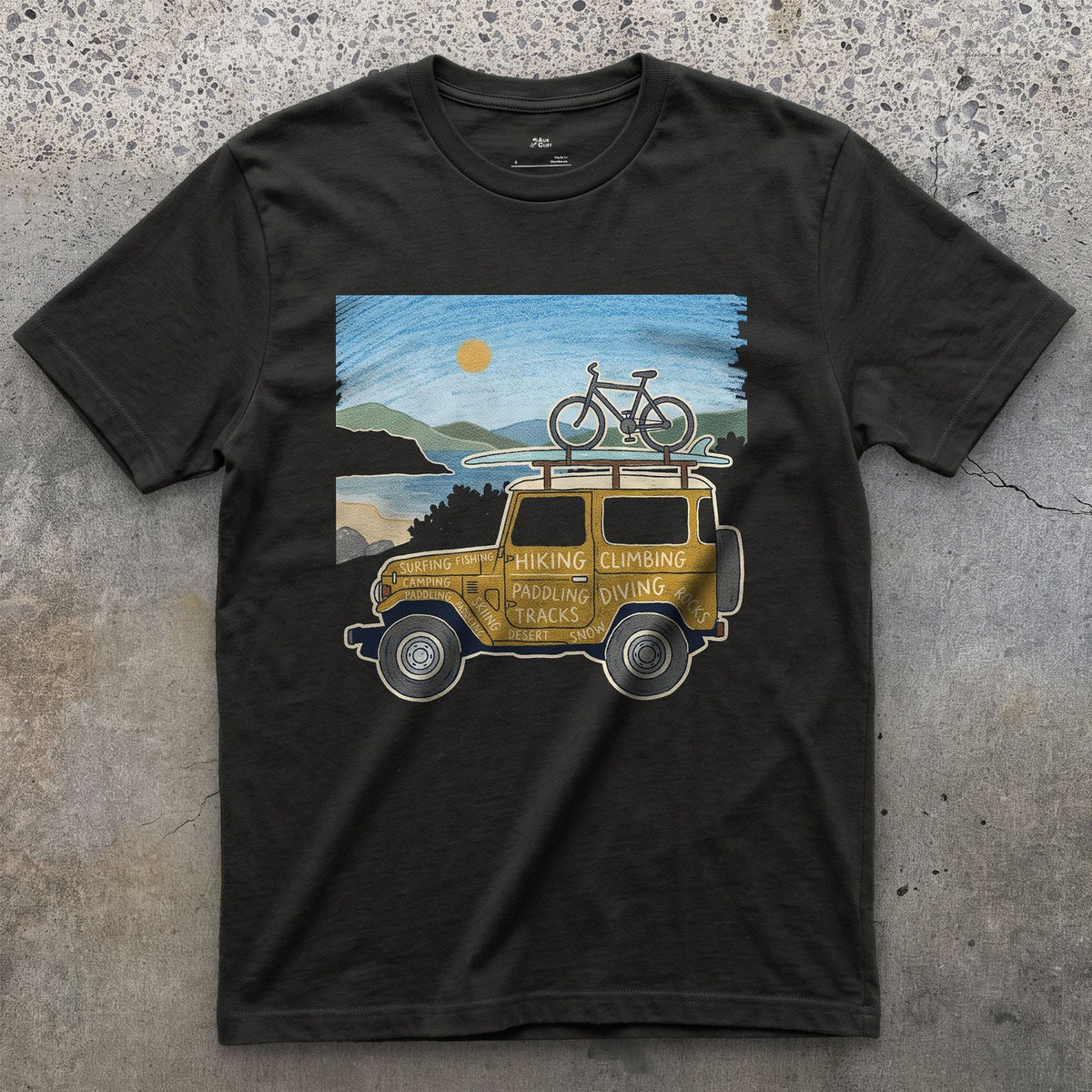 4x4 Beside the Water, Every Sport Painted On design on a Black Gildan Softstyle t-shirt