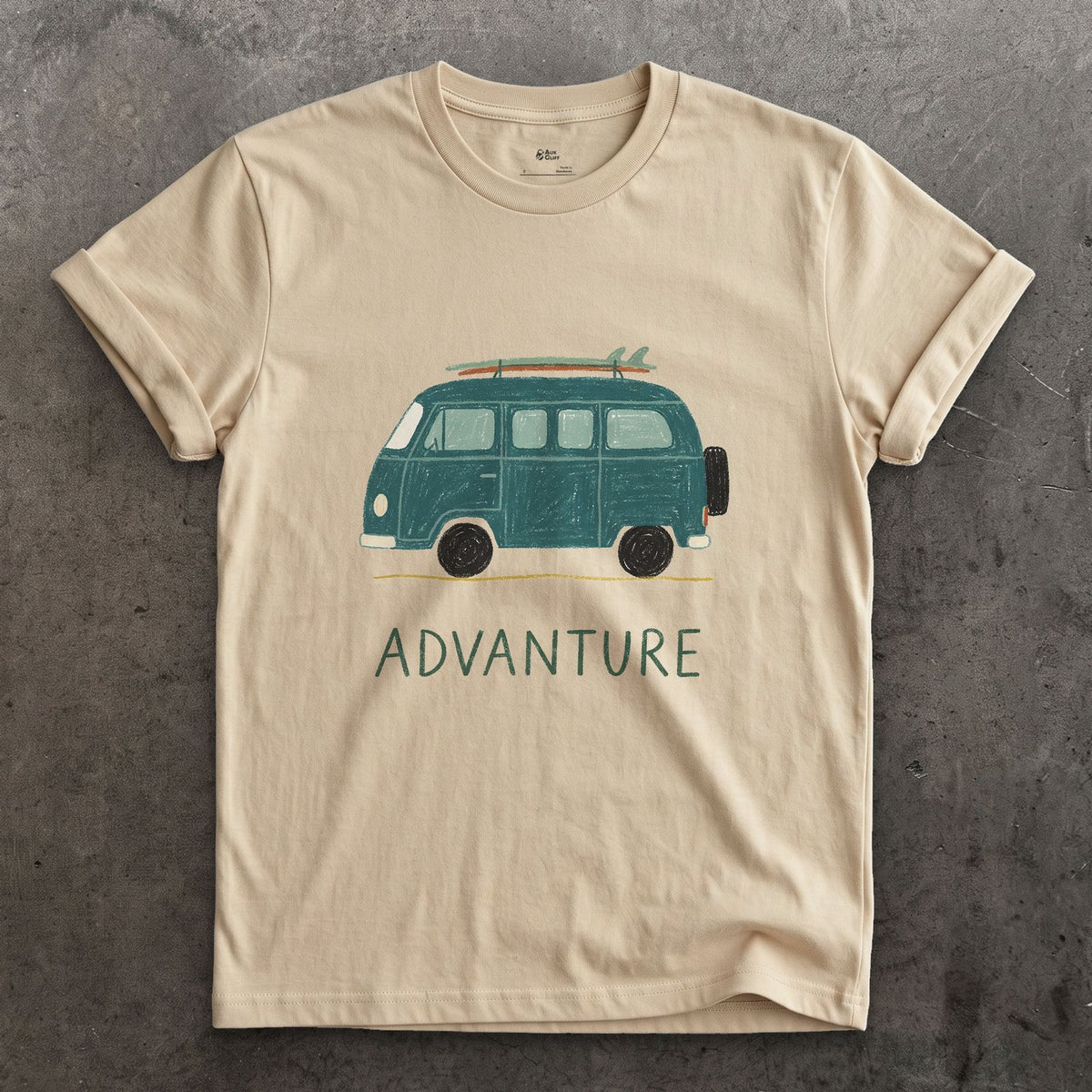 Advanture, Teal Van and a Board design on a Sand Gildan Softstyle t-shirt