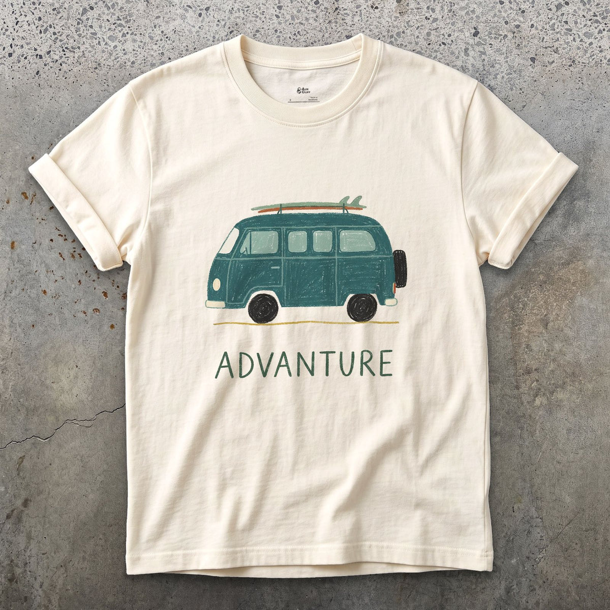 Advanture, Teal Van and a Board design on a Natural Gildan Softstyle t-shirt