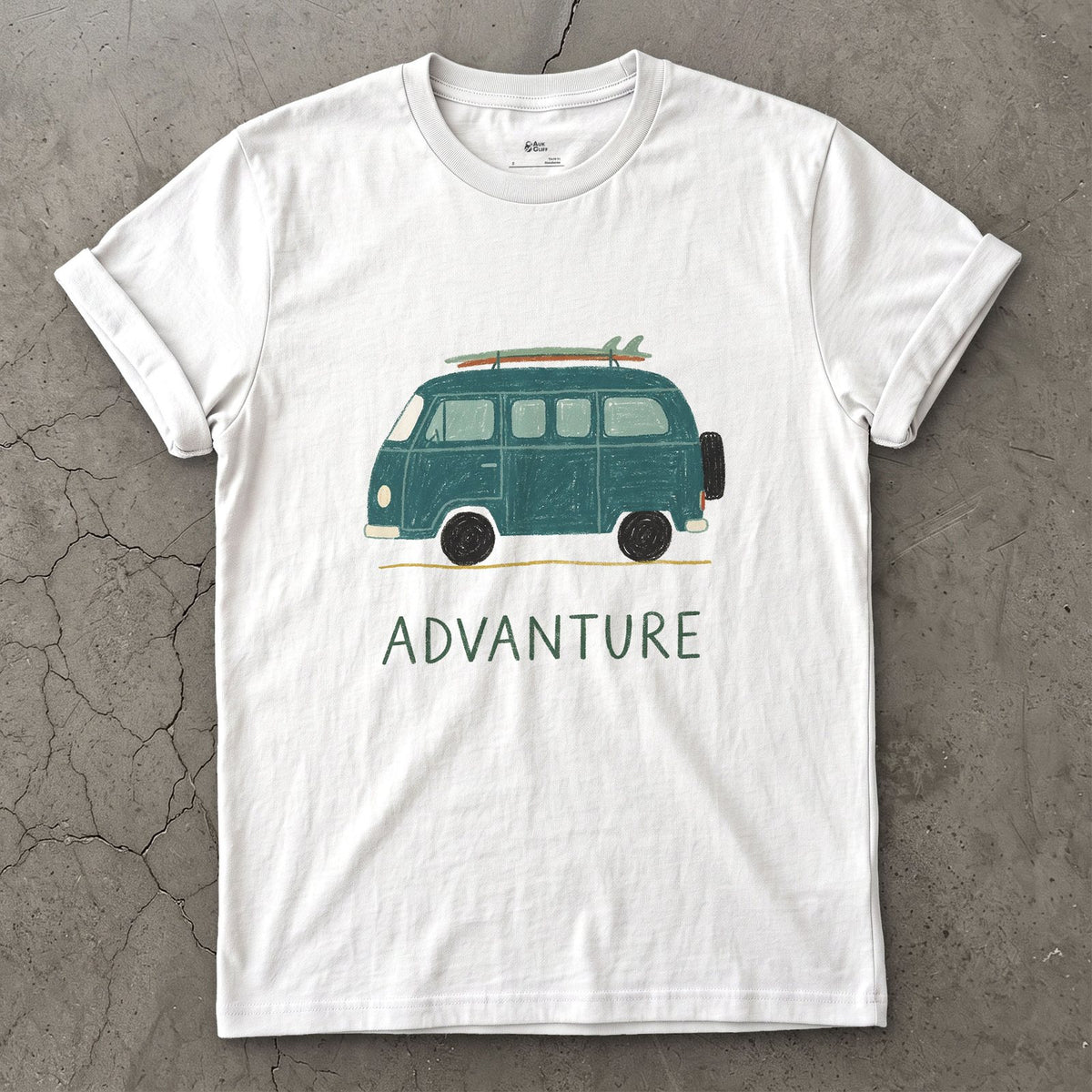 Advanture, Teal Van and a Board design on a White Gildan Softstyle t-shirt