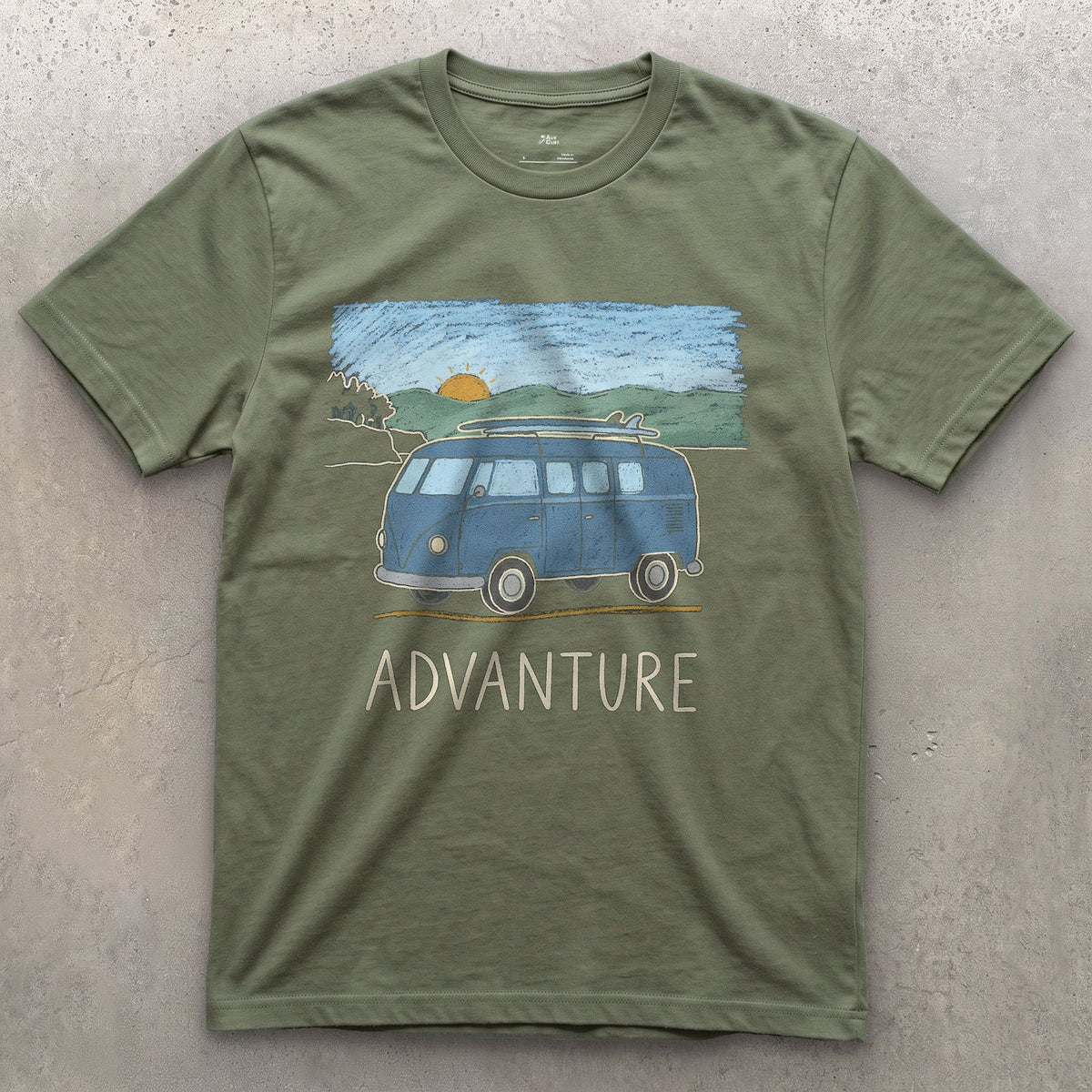 Advanture, Sunrise Behind the Blue Van design on a Military Green Gildan Softstyle t-shirt