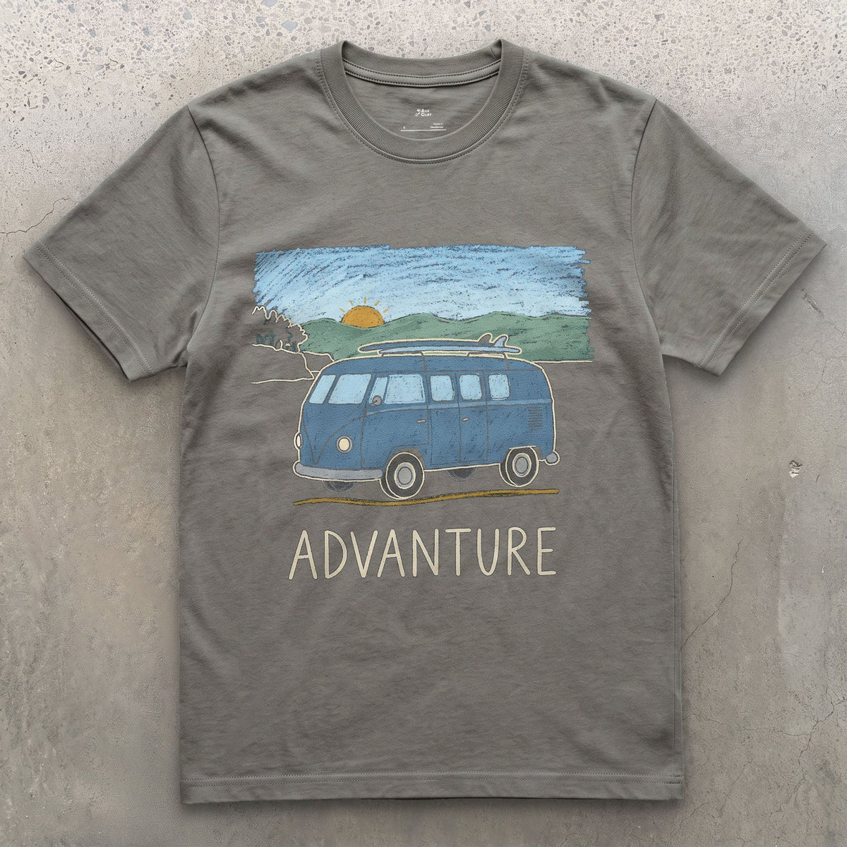 Advanture, Sunrise Behind the Blue Van design on a Charcoal Gildan Softstyle t-shirt