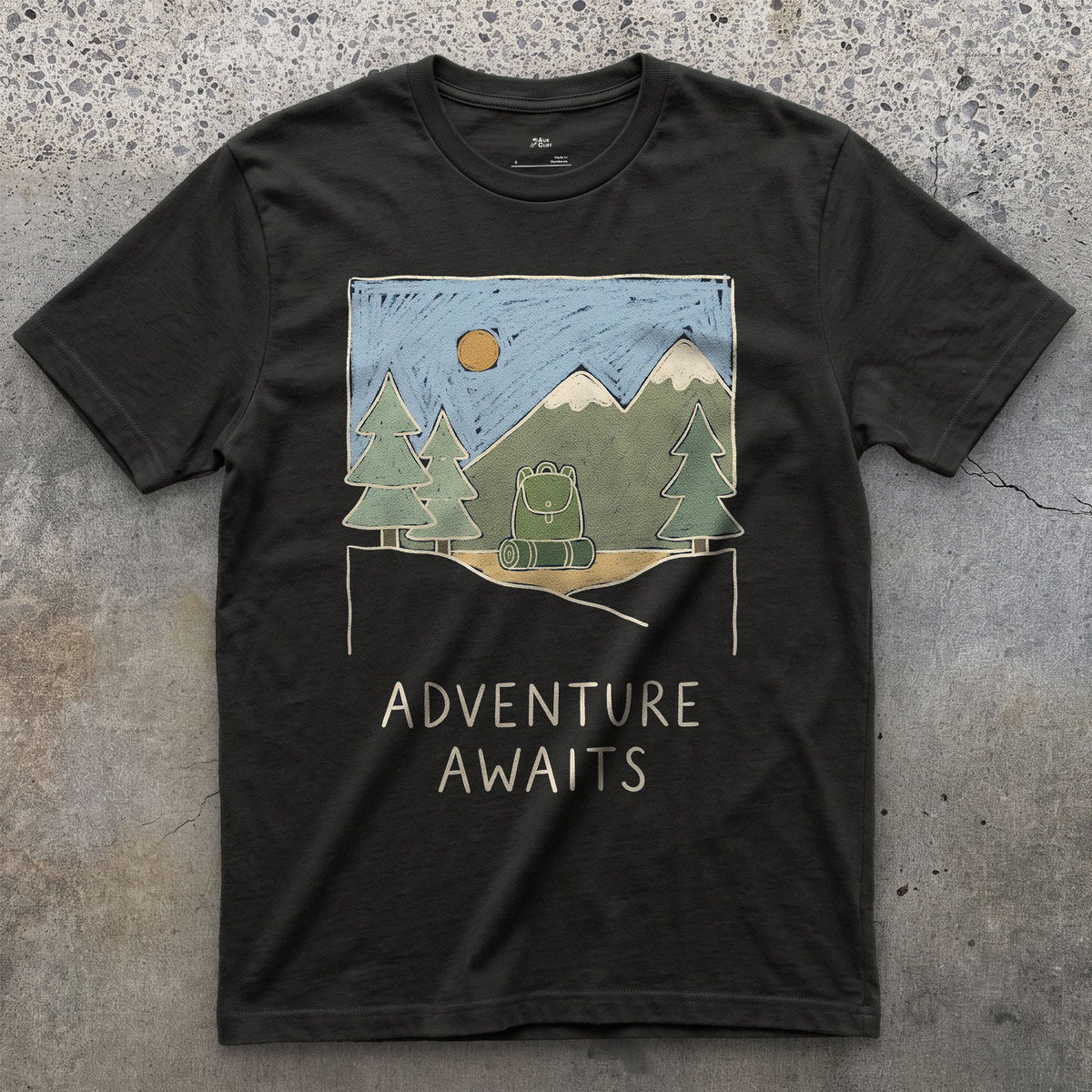 Adventure Awaits design on a Black Gildan Softstyle t-shirt