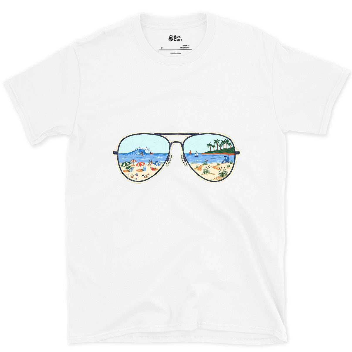 Afternoon Surf in the Lenses, Aviators design on a White Gildan Softstyle t-shirt