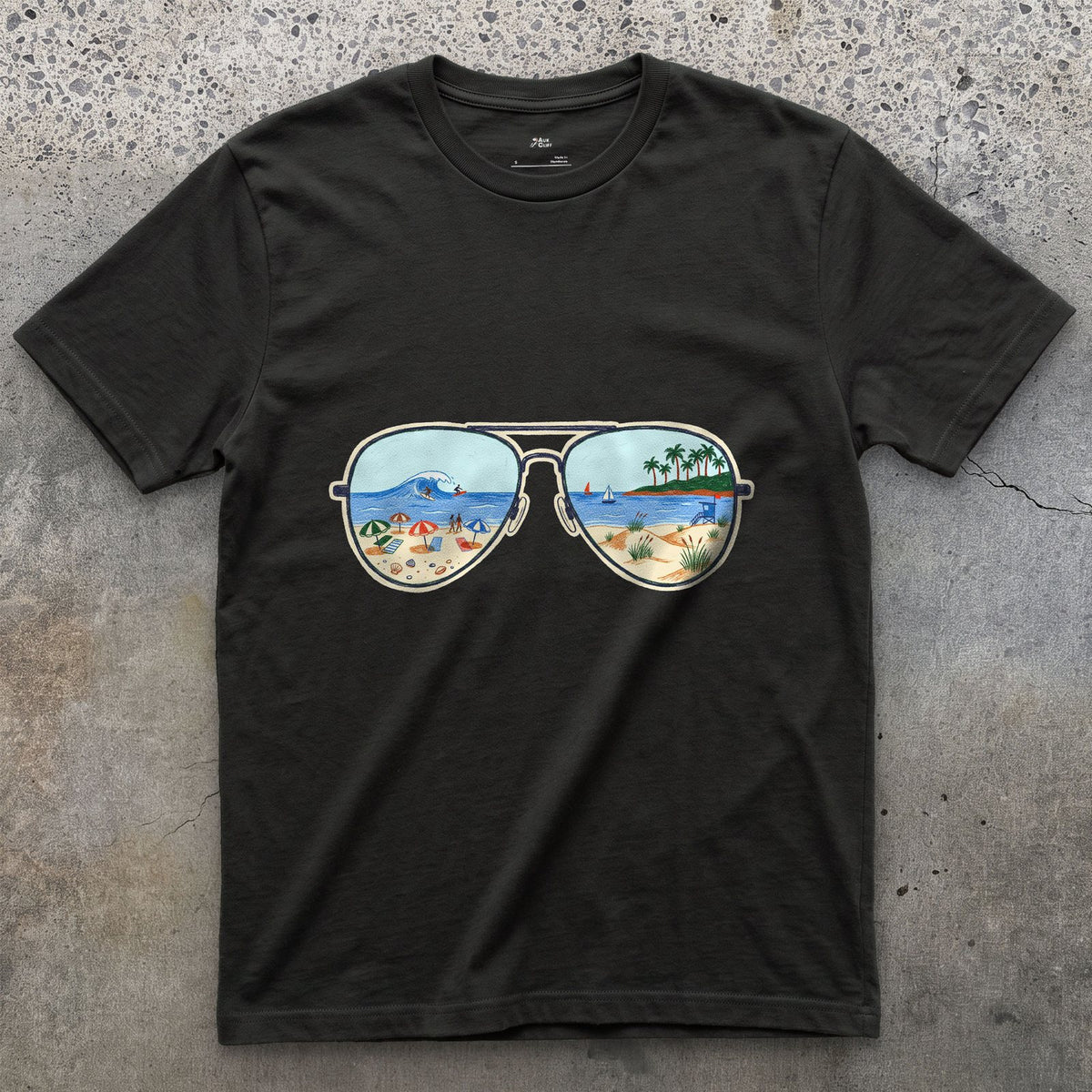 Afternoon Surf in the Lenses, Aviators design on a Black Gildan Softstyle t-shirt