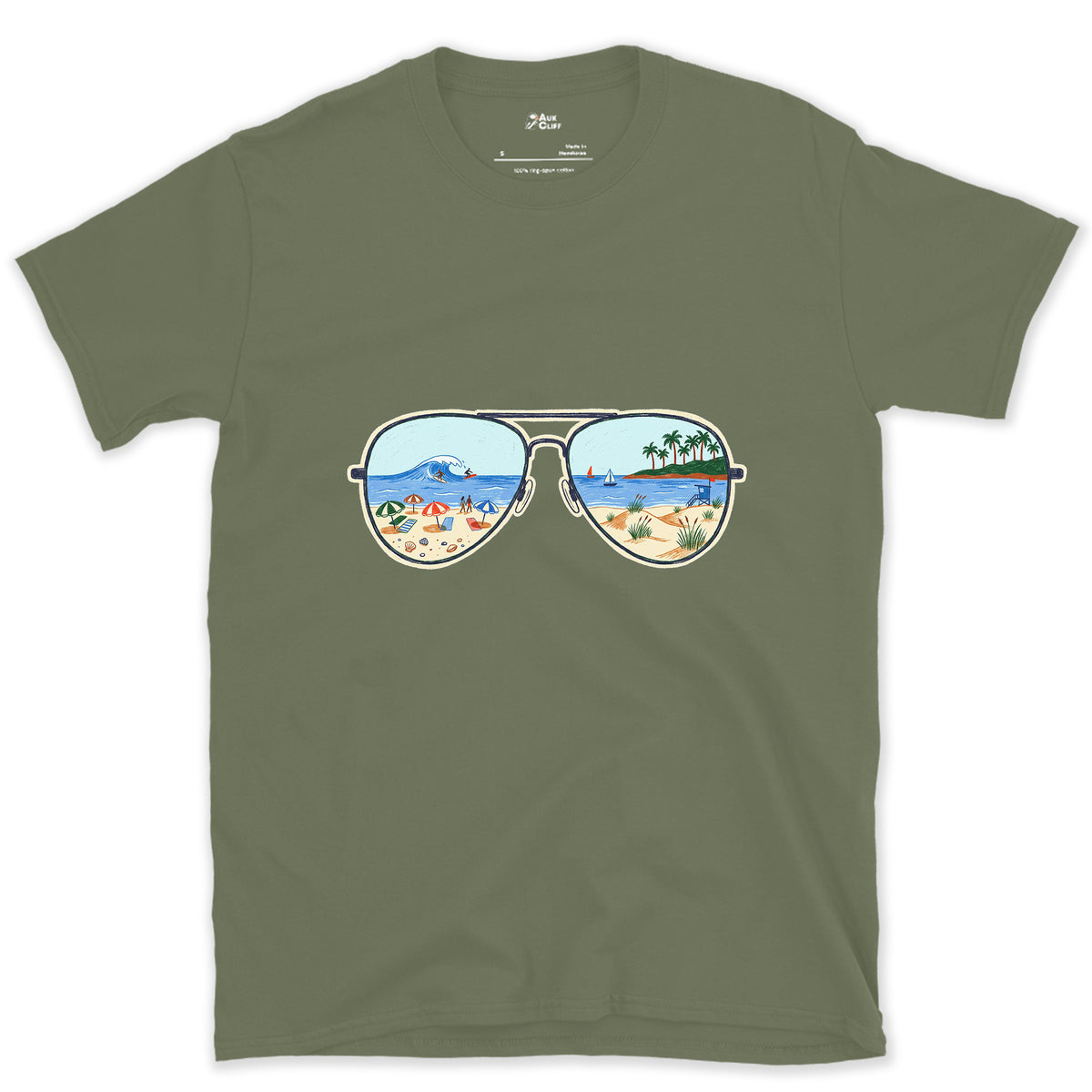 Afternoon Surf in the Lenses, Aviators design on a Military Green Gildan Softstyle t-shirt