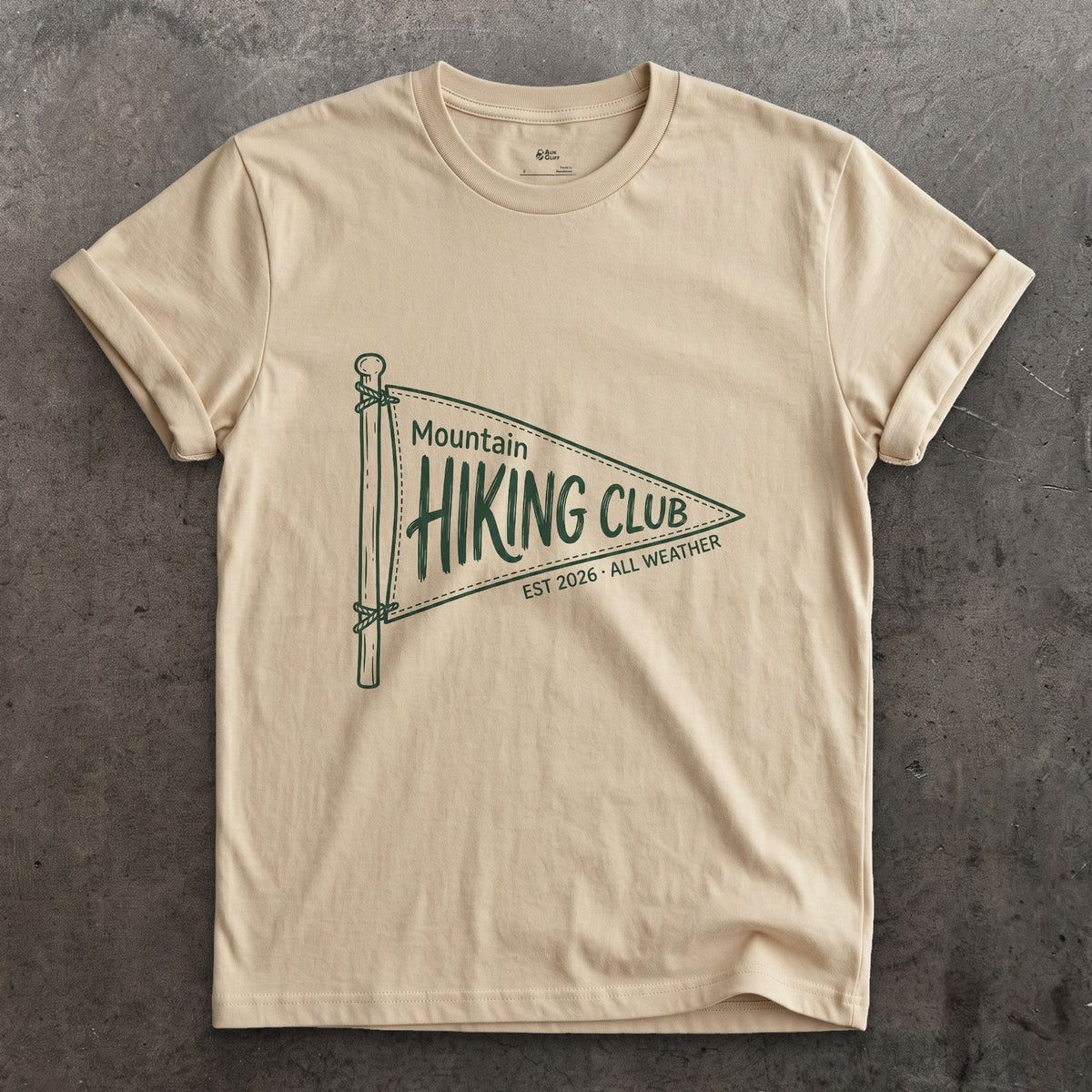Mountain Hiking Club Pennant design on a Sand Gildan Softstyle t-shirt