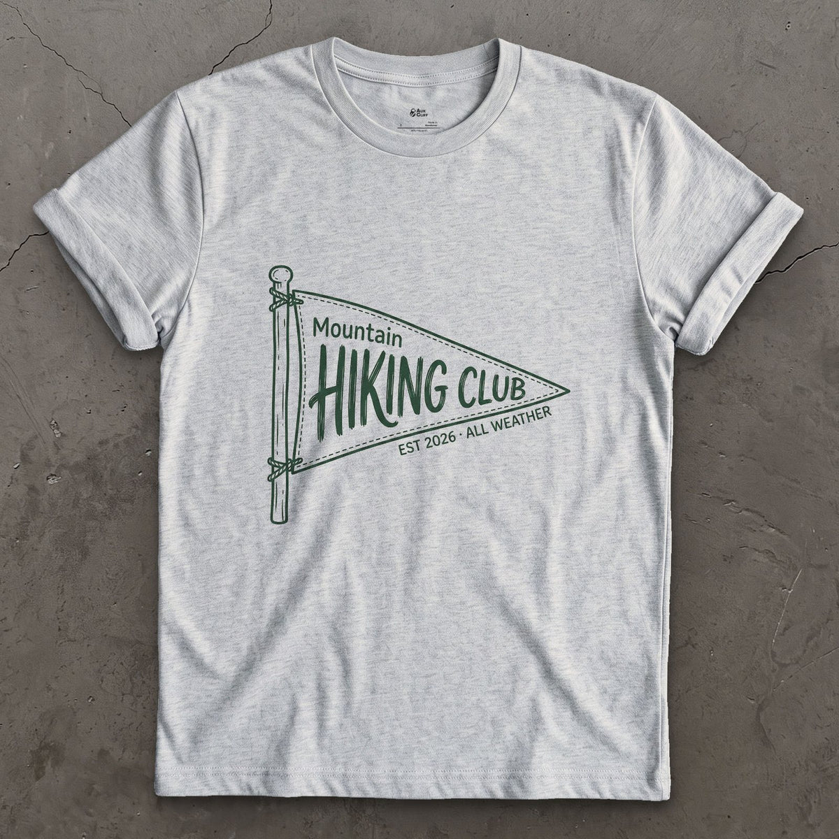 Mountain Hiking Club Pennant design on a Sport Grey Gildan Softstyle t-shirt