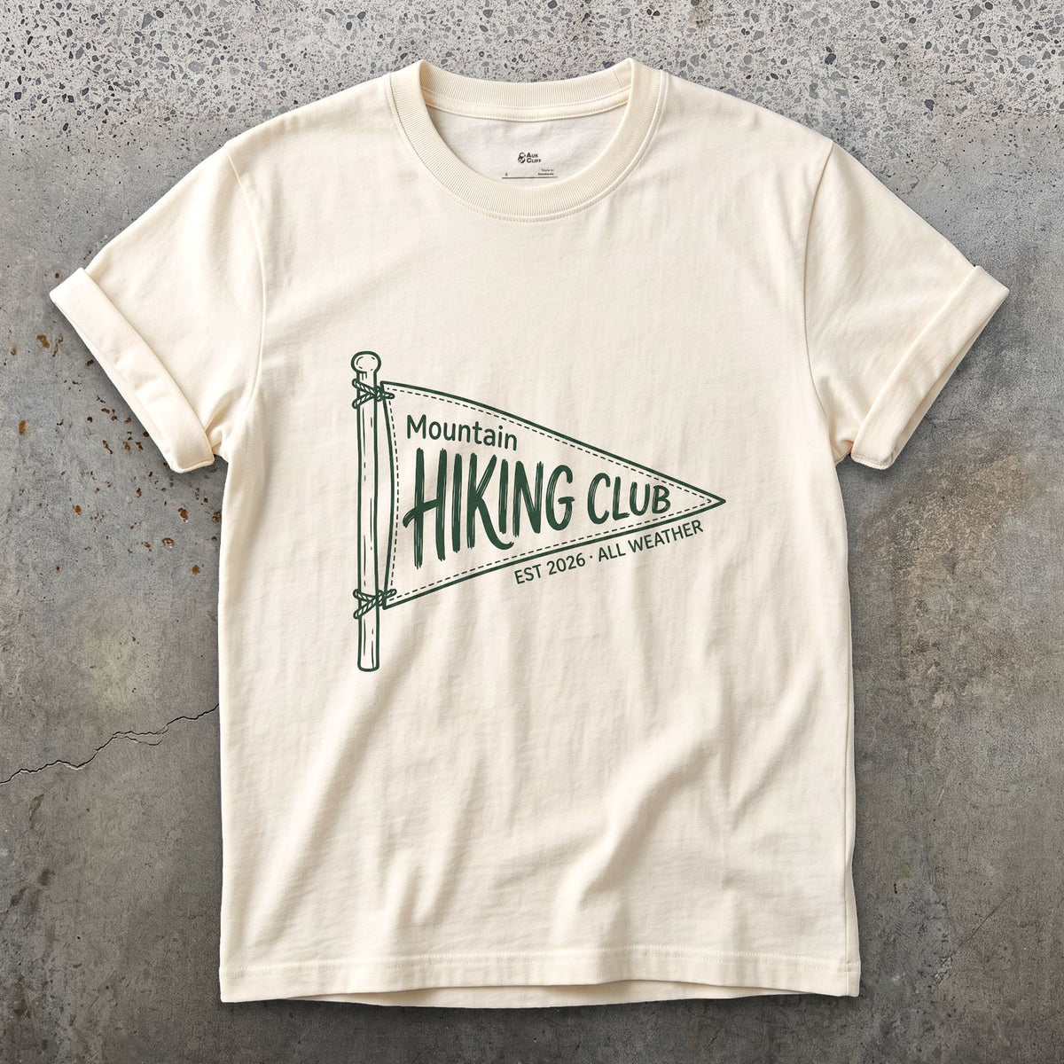 Mountain Hiking Club Pennant design on a Natural Gildan Softstyle t-shirt