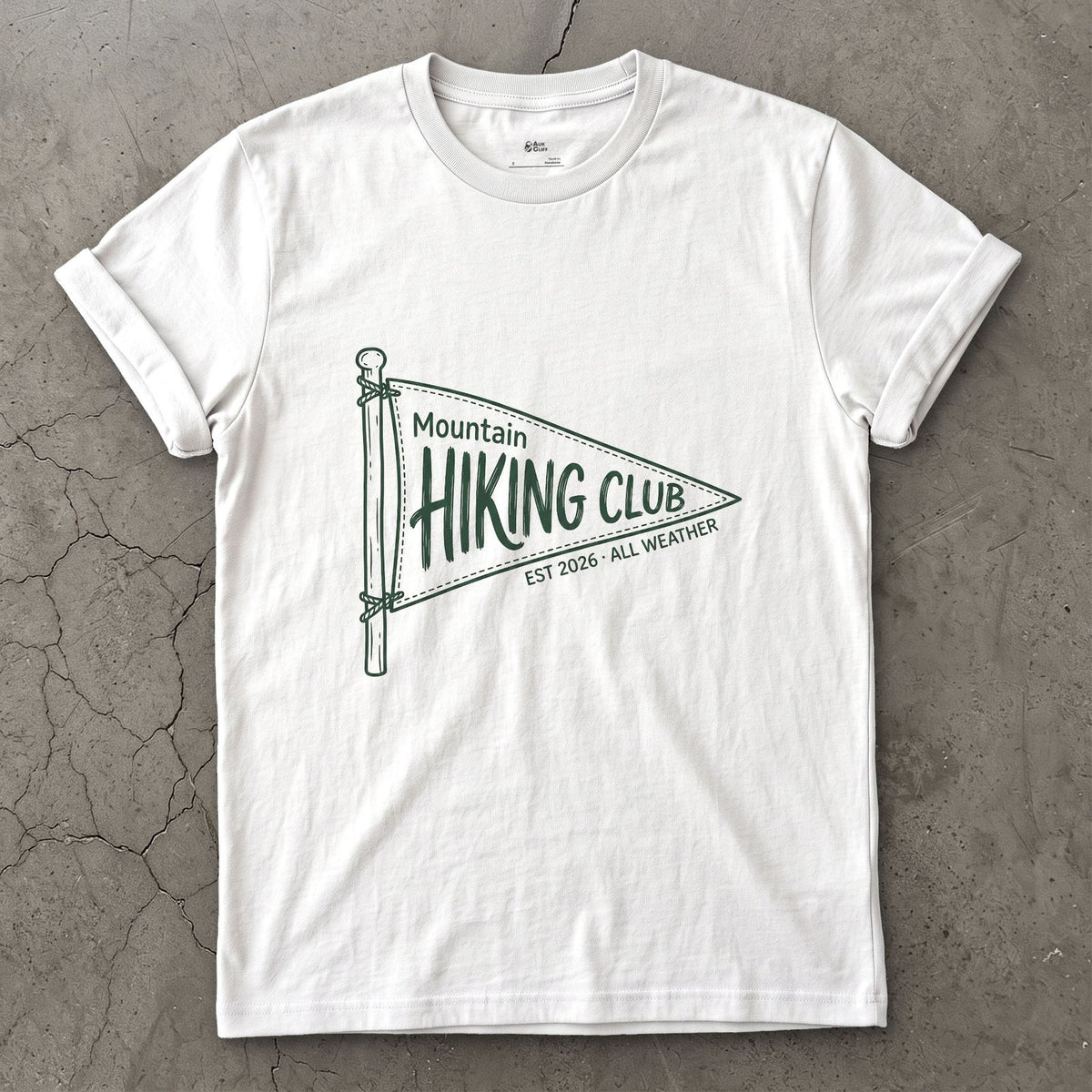 Mountain Hiking Club Pennant design on a White Gildan Softstyle t-shirt