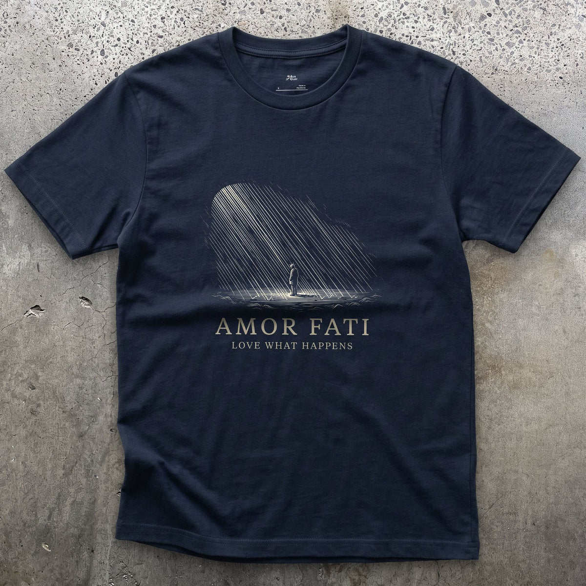 Amor Fati, Love What Happens design on a Navy Gildan Softstyle t-shirt