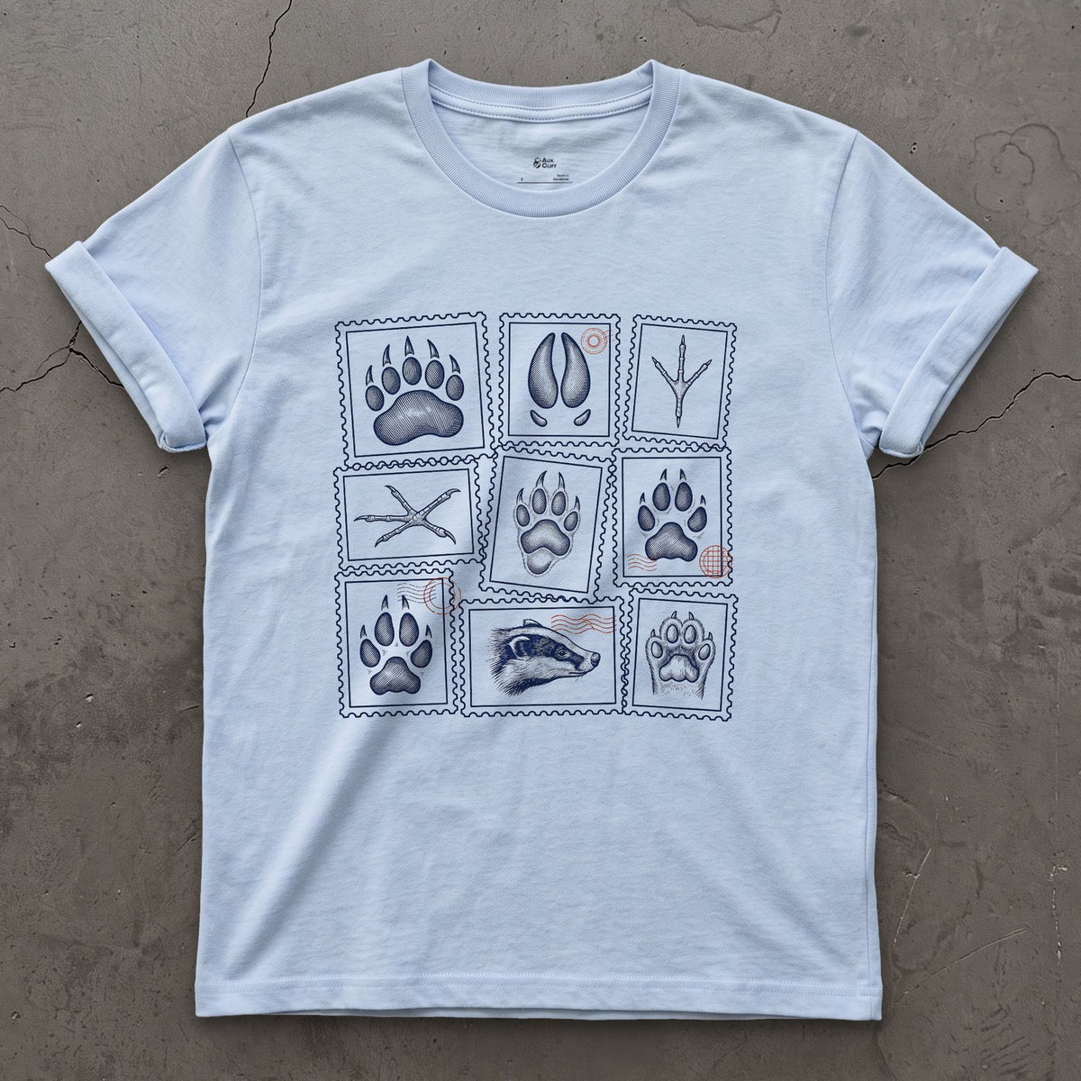 Four Signs Read Off the Trail design on a Light Blue Gildan Softstyle t-shirt