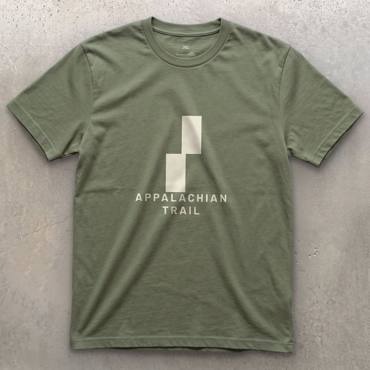 Appalachian Trail Double Blaze design on a Military Green Gildan Softstyle t-shirt