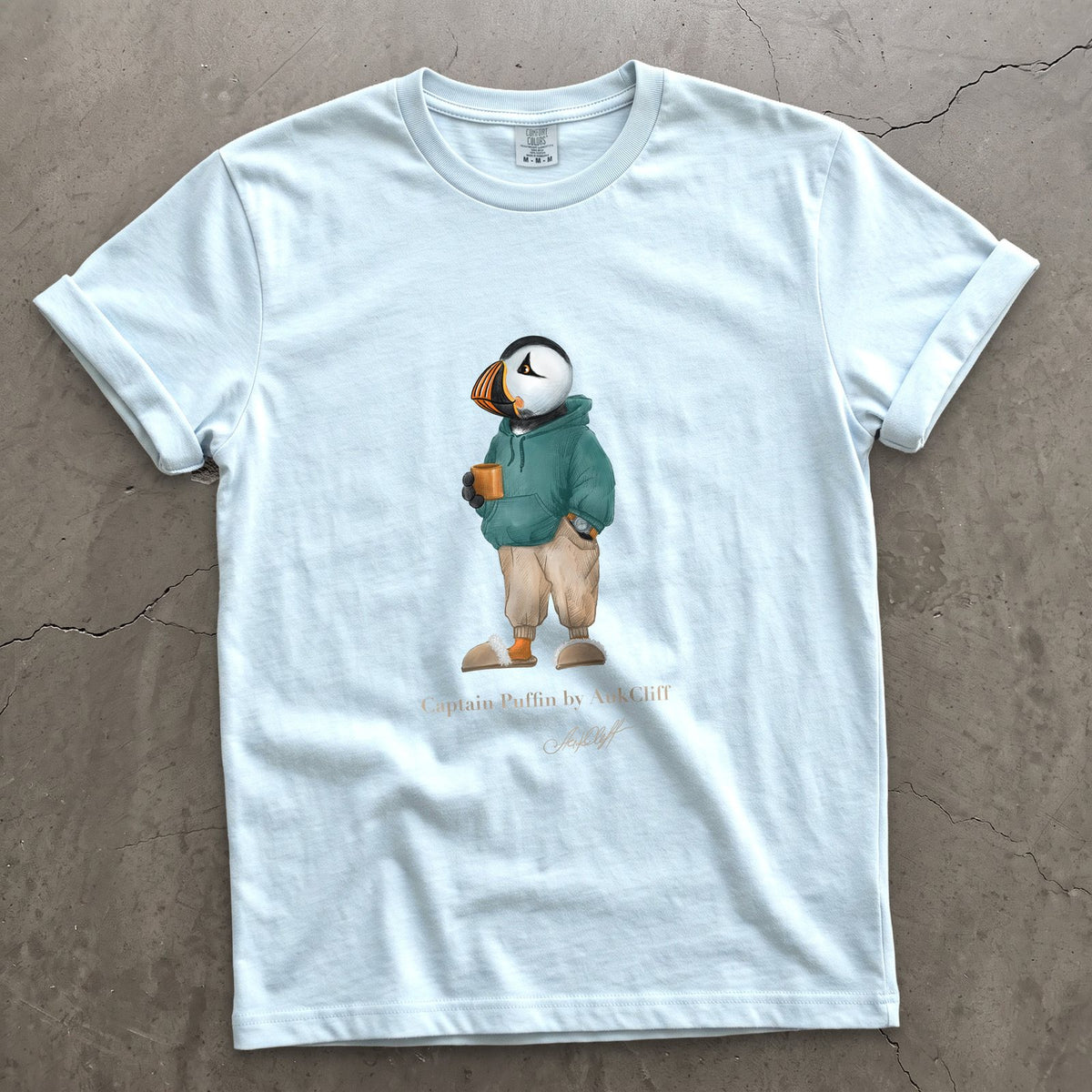 Captain Puffin Trail Après on a Chambray Comfort Colors t-shirt