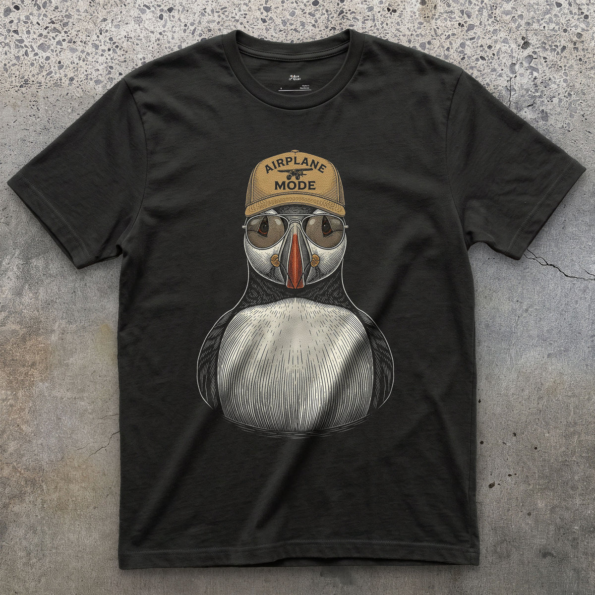 Airplane Mode, Atlantic Puffin in Aviators design on a Black Gildan Softstyle t-shirt