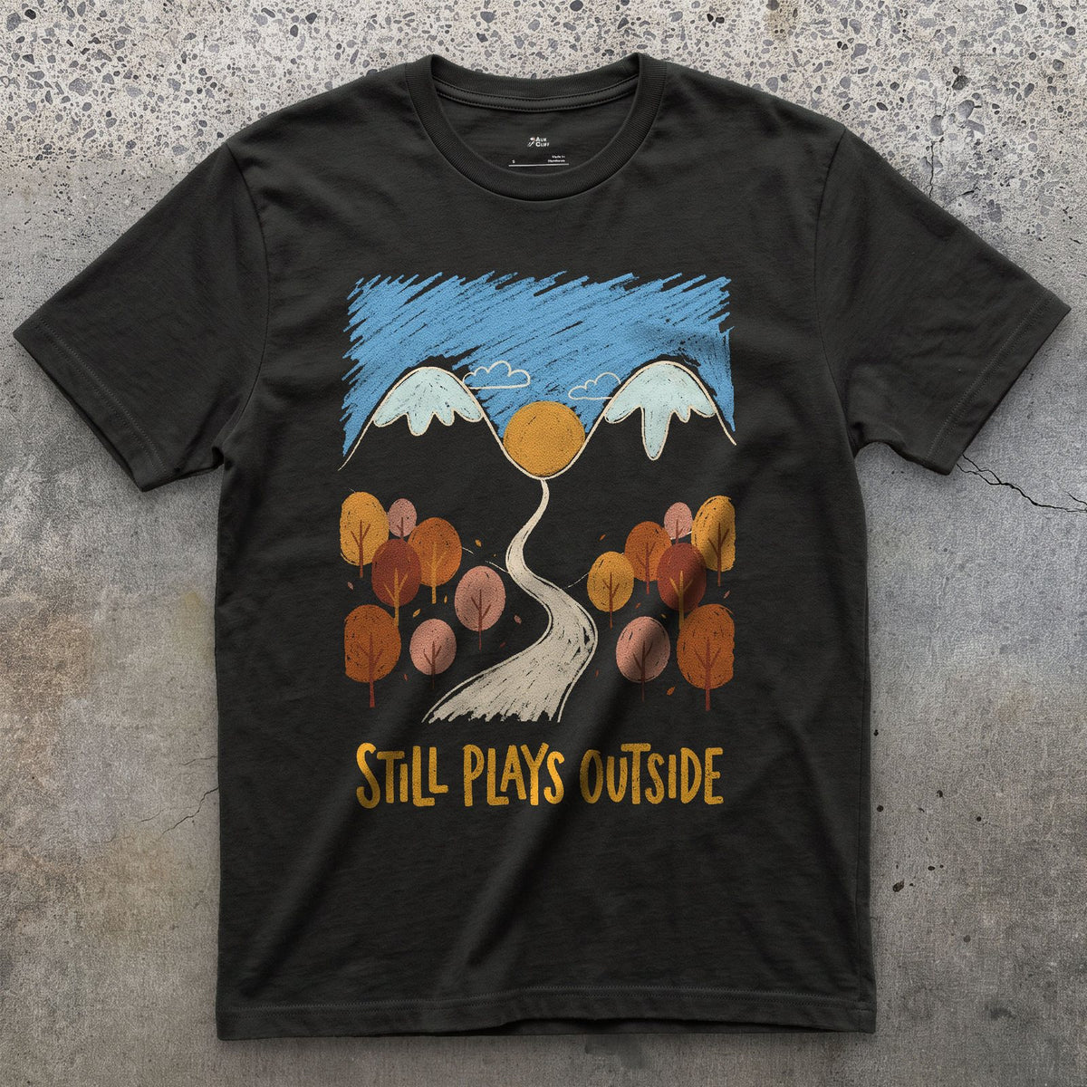Autumn Colour, Path to the Mountains design on a Black Gildan Softstyle t-shirt