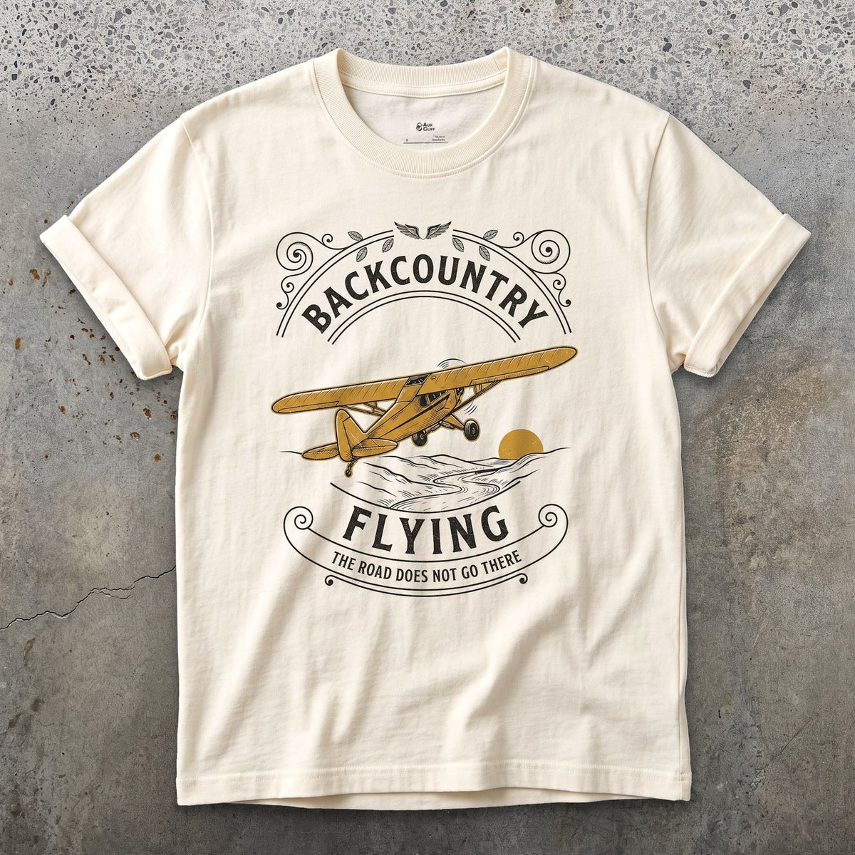 Backcountry Flying, No Road design on a Natural Gildan Softstyle t-shirt