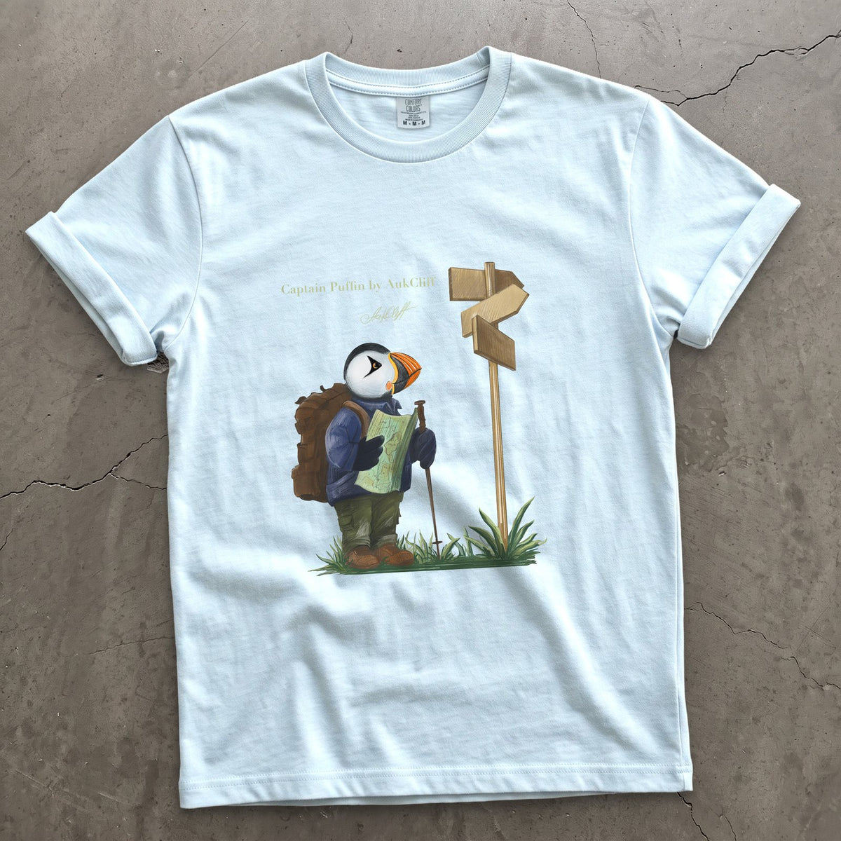 Captain Puffin Hiker on a Chambray Comfort Colors t-shirt